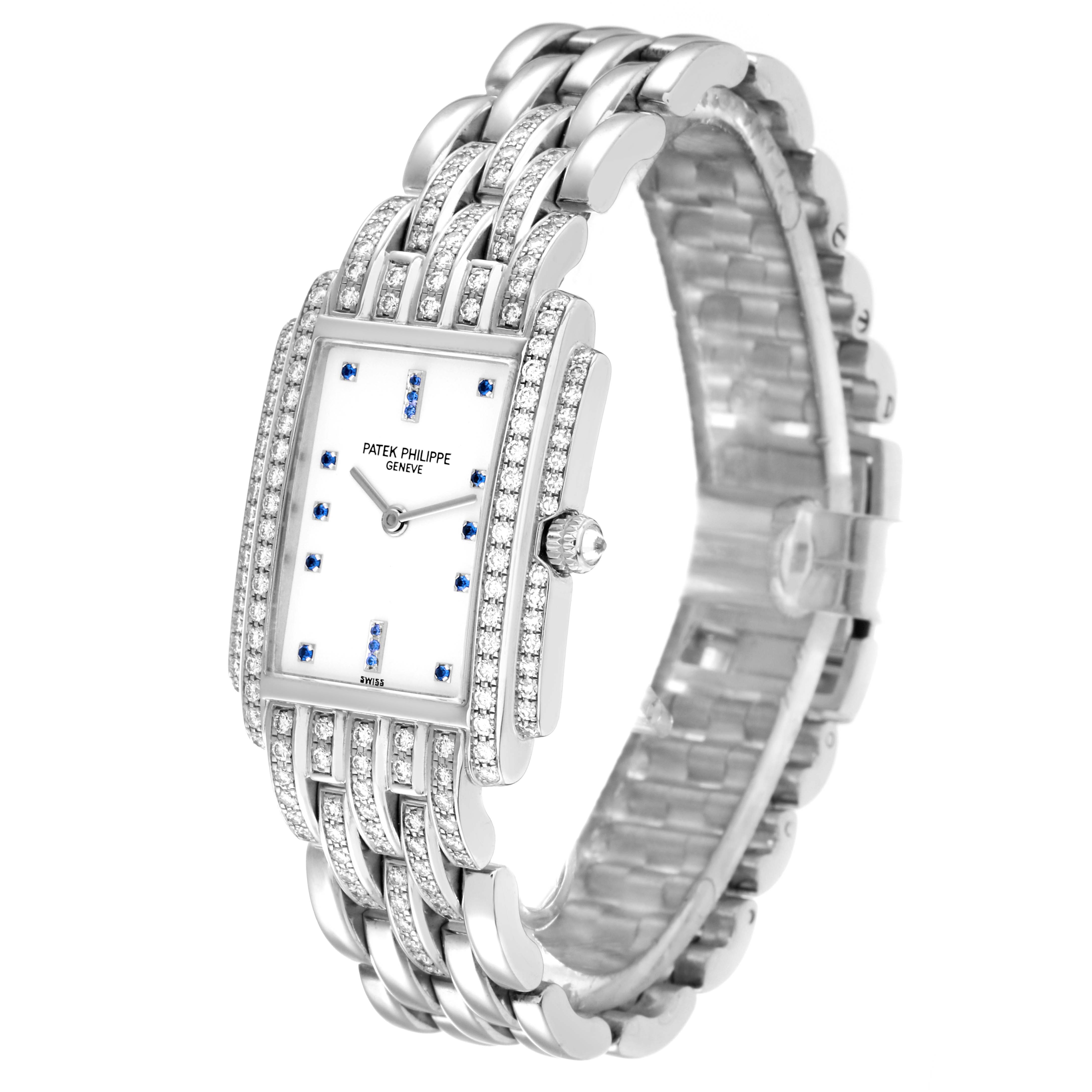 The image shows a Patek Philippe Gondolo 4825G Women's White Gold White Dial 4825G Women's White Gold White Dial watch at an angled view, displaying the watch face, bracelet, and side details.