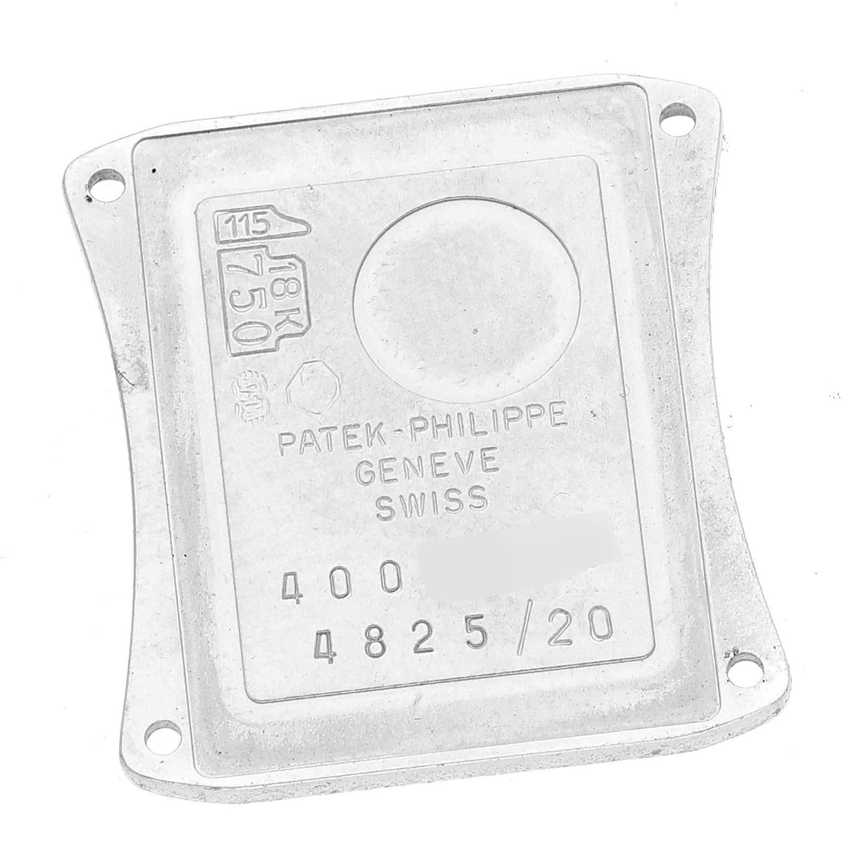 The image shows the case back of a Patek Philippe Gondolo 4825G Women's White Gold White Dial 4825G Women's White Gold White Dial watch, featuring engravings of the brand, model, and material information.