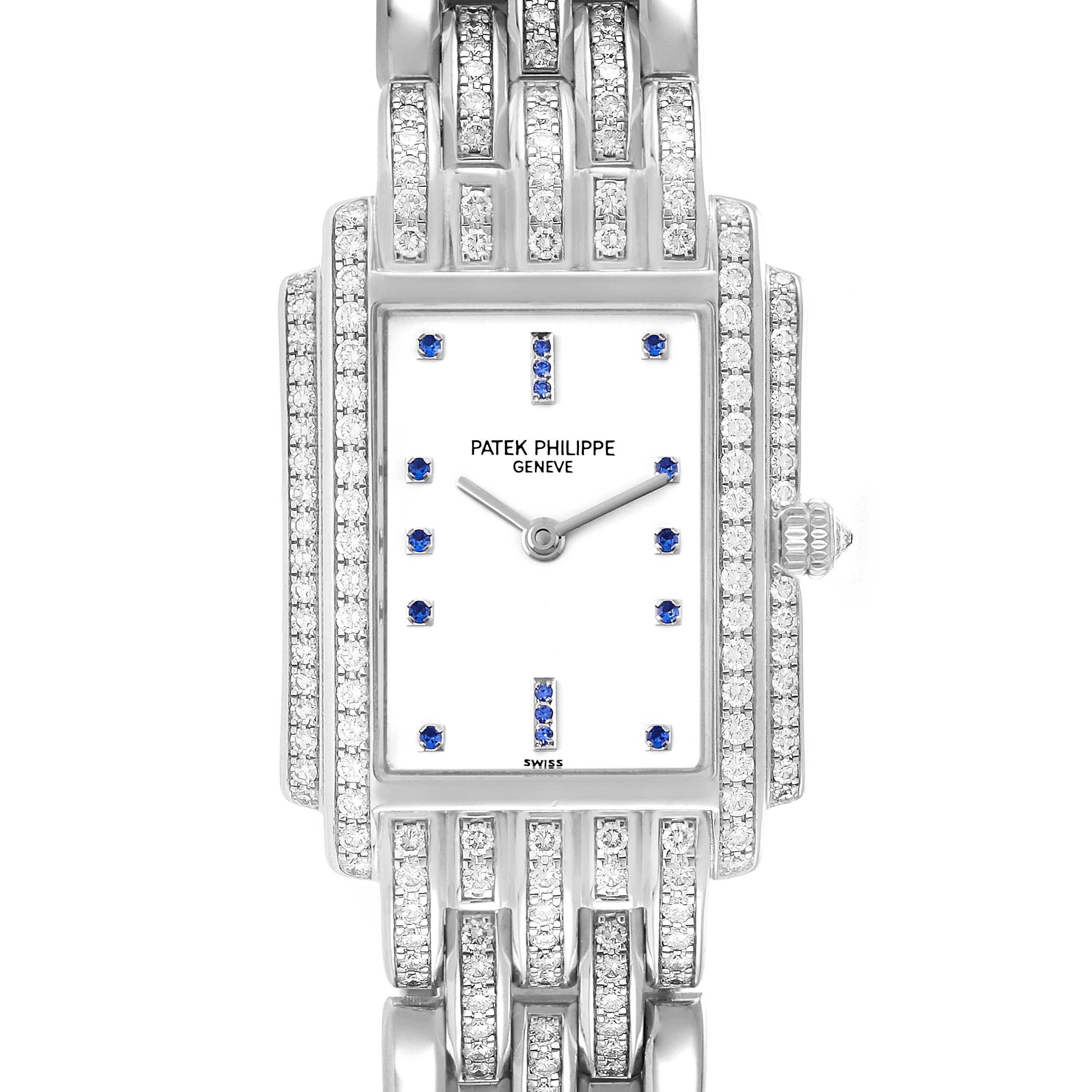 The image shows a front view of the Patek Philippe Gondolo 4825G Women's White Gold White Dial 4825G Women's White Gold White Dial watch, highlighting its diamond-encrusted case and bracelet with a white dial.