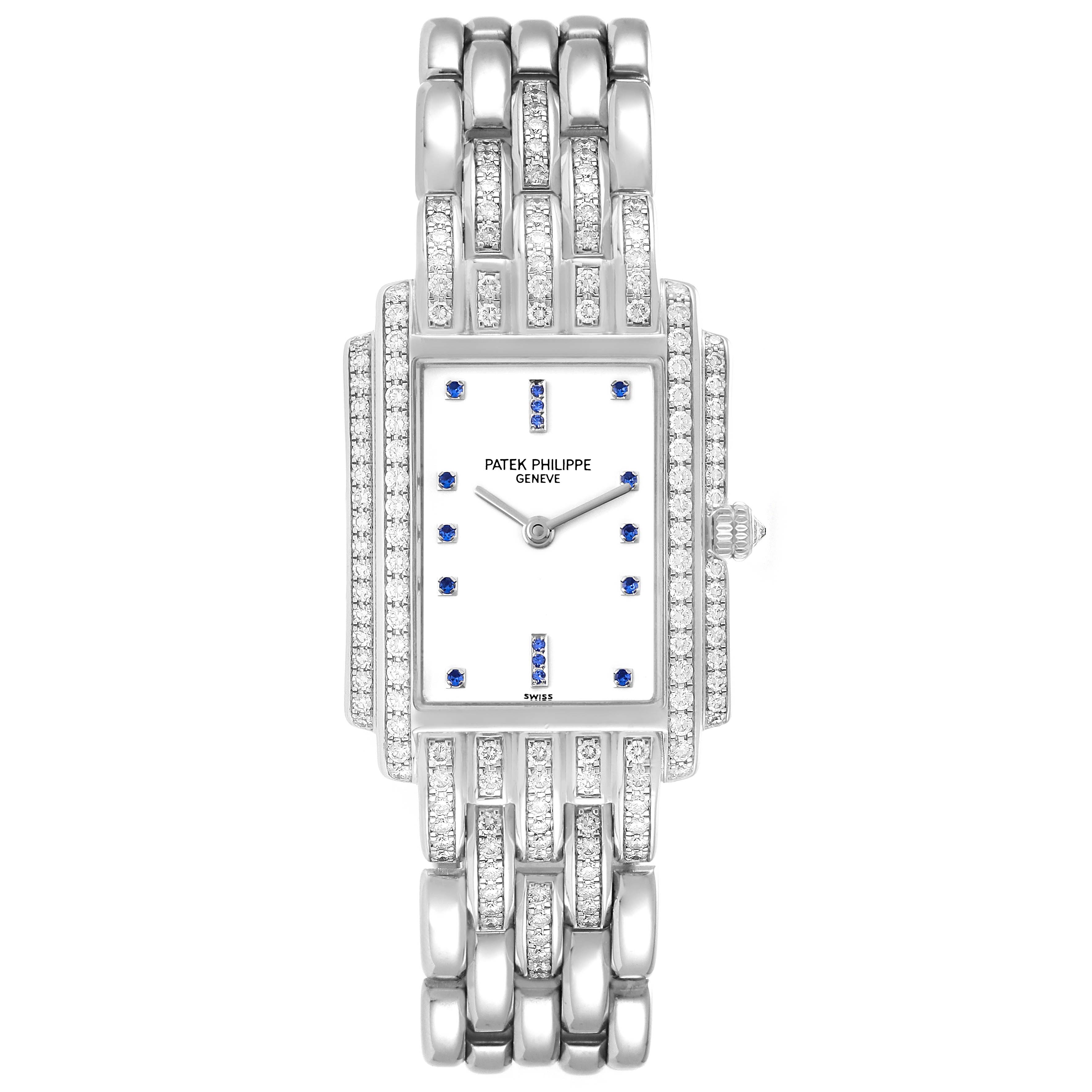The image shows a front view of the Patek Philippe Gondolo 4825G Women's White Gold White Dial 4825G Women's White Gold White Dial watch, highlighting its face, dial, and bracelet.