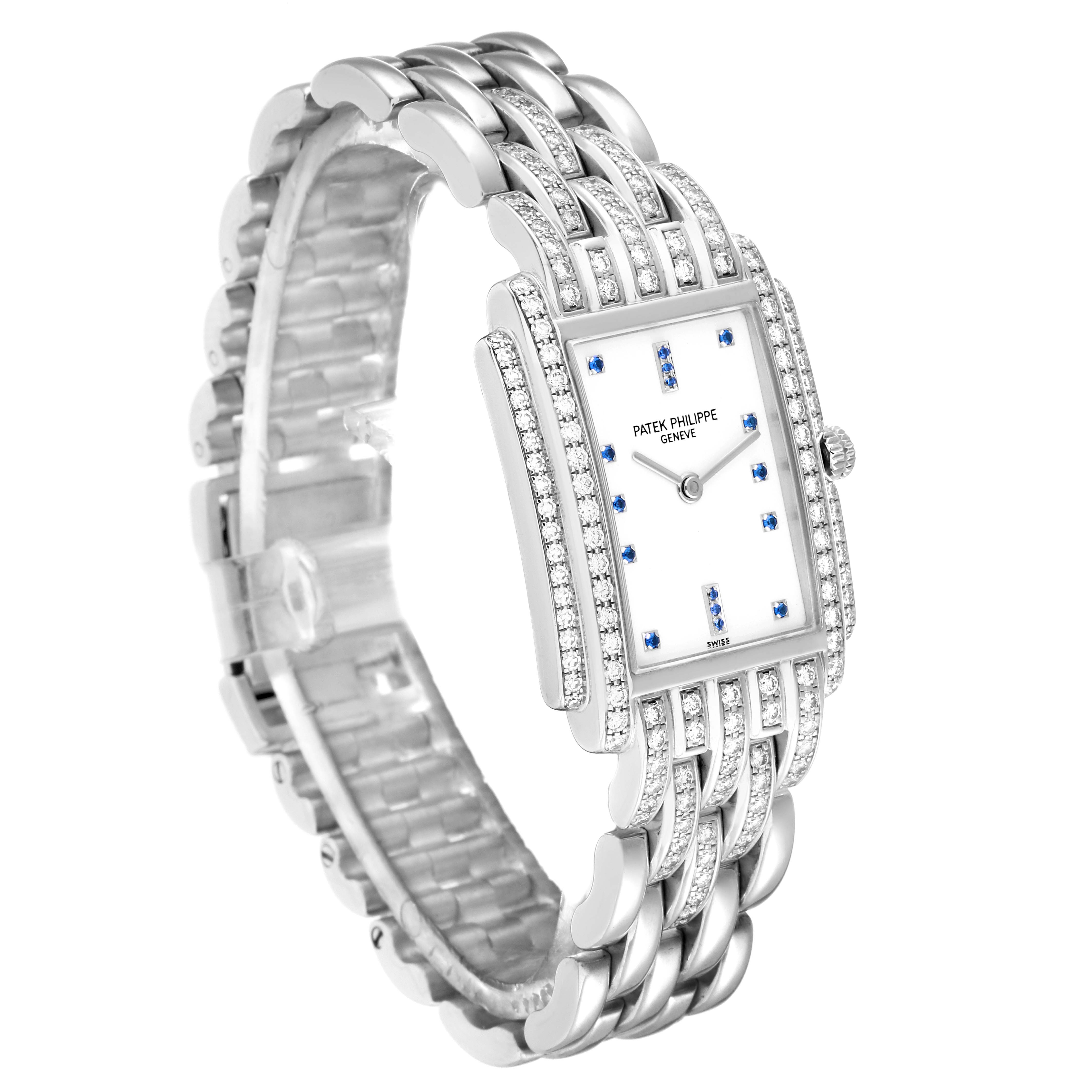 This image shows a Patek Philippe Gondolo 4825G Women's White Gold White Dial 4825G Women's White Gold White Dial watch angled slightly to the left, highlighting its face, bracelet, and side detailing.