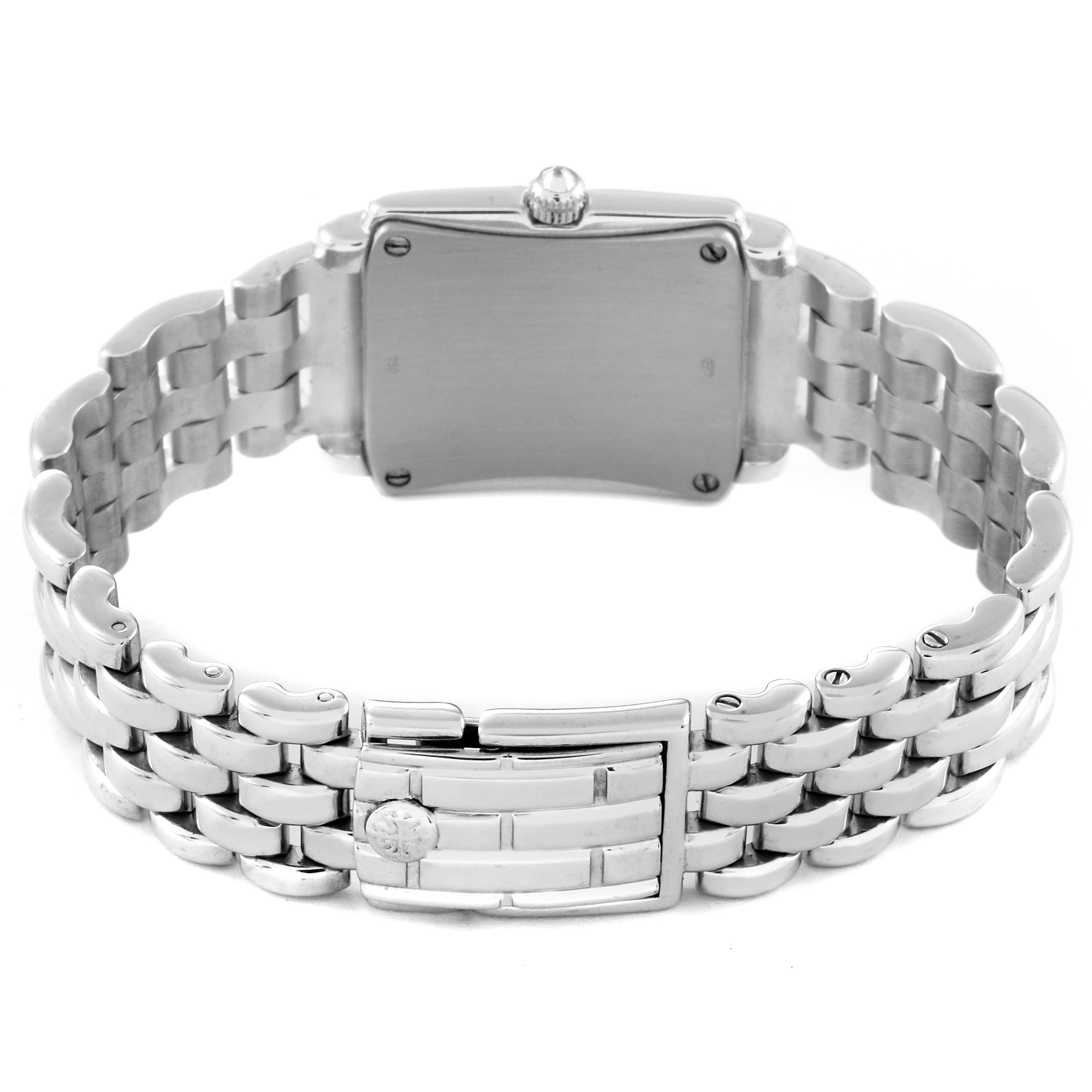 The image shows the back side and bracelet of a Patek Philippe Gondolo 4825G Women's White Gold White Dial 4825G Women's White Gold White Dial watch, highlighting the clasp and caseback.