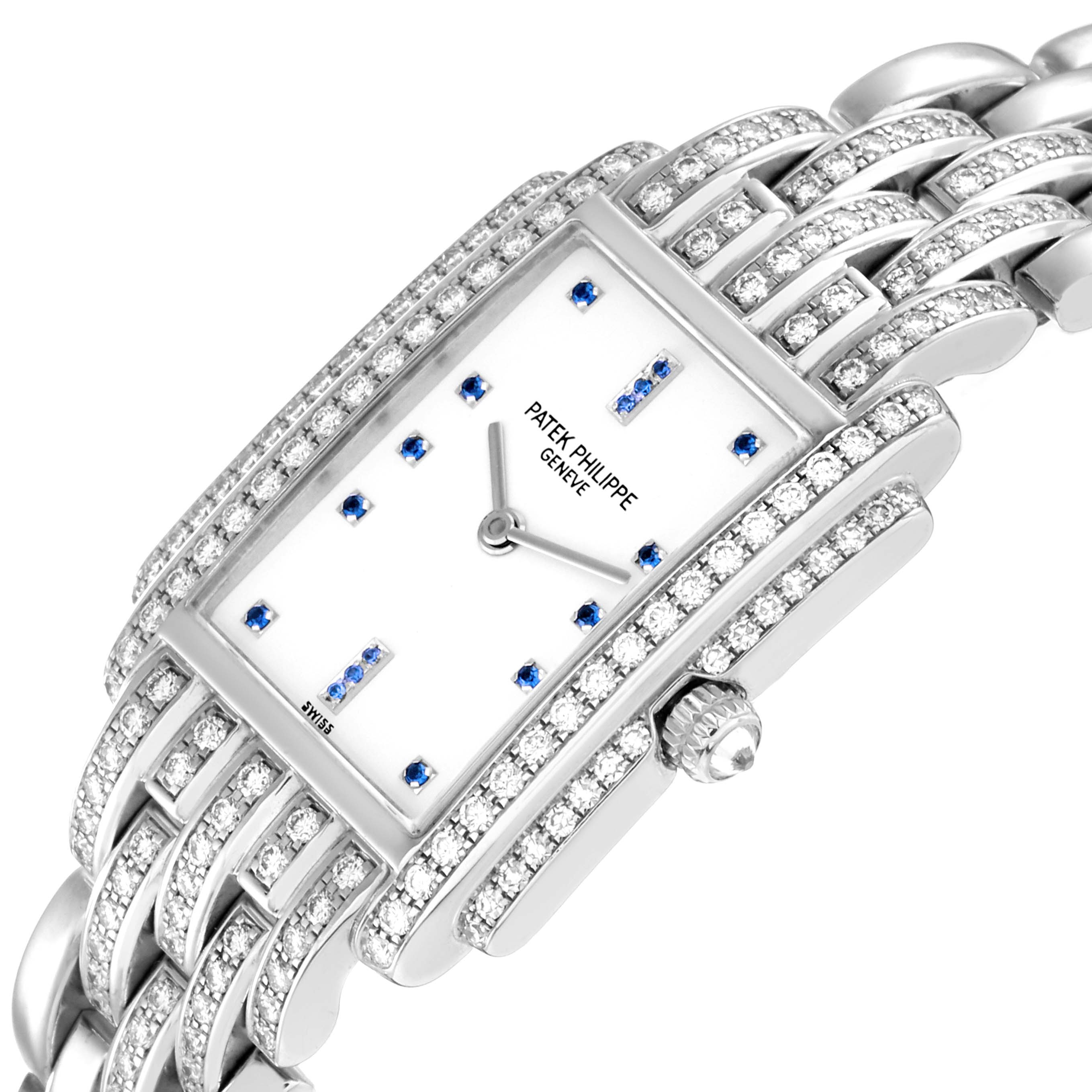 The image shows a close-up angle of the Patek Philippe Gondolo 4825G Women's White Gold White Dial 4825G Women's White Gold White Dial watch, highlighting its diamond-encrusted bezel, dial, and bracelet.