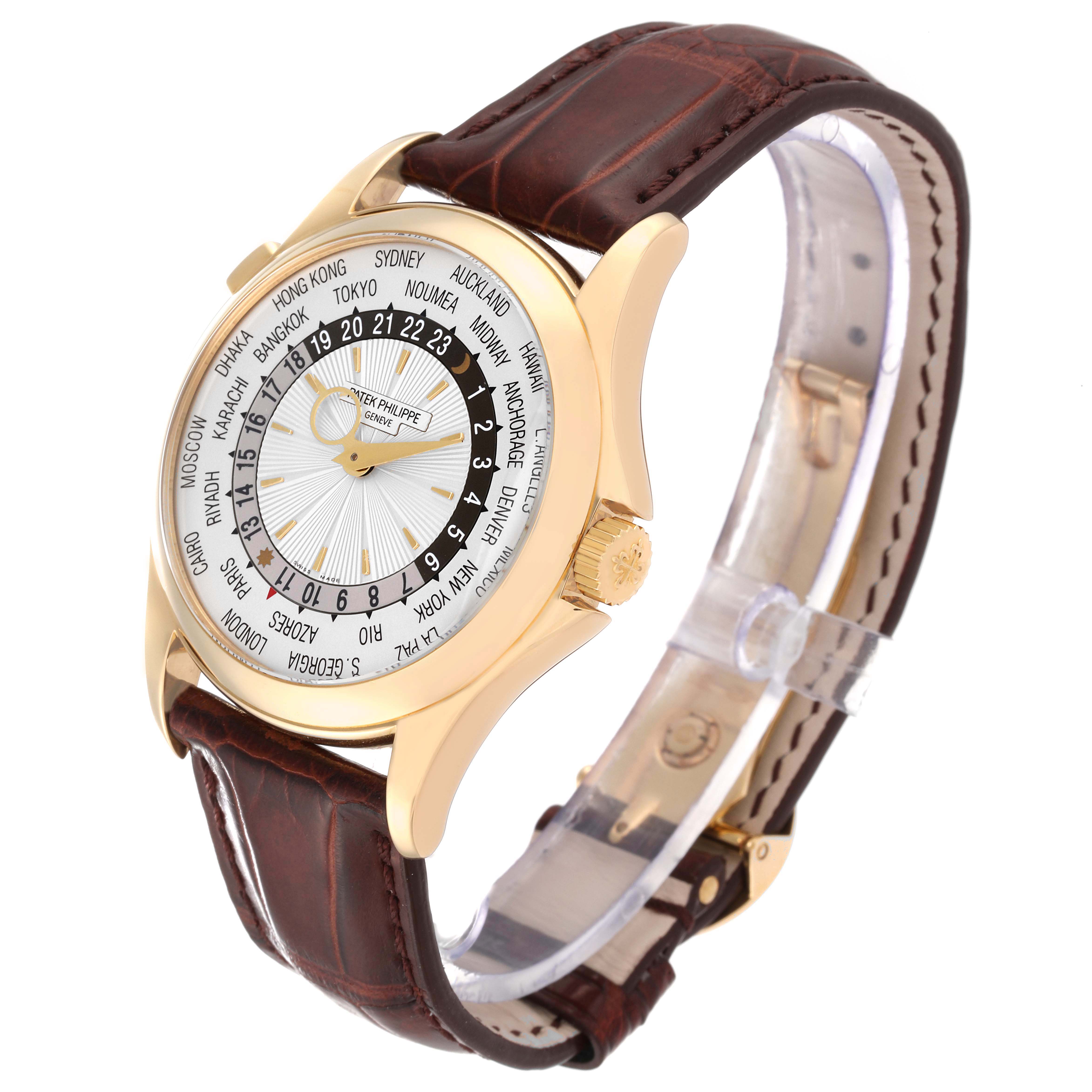 This image shows a Patek Philippe Complications 5130J Men
s Yellow Gold Silver Dial 5130J Men
s Yellow Gold Silver Dial watch from an angled view, highlighting the face, strap, and side crown.