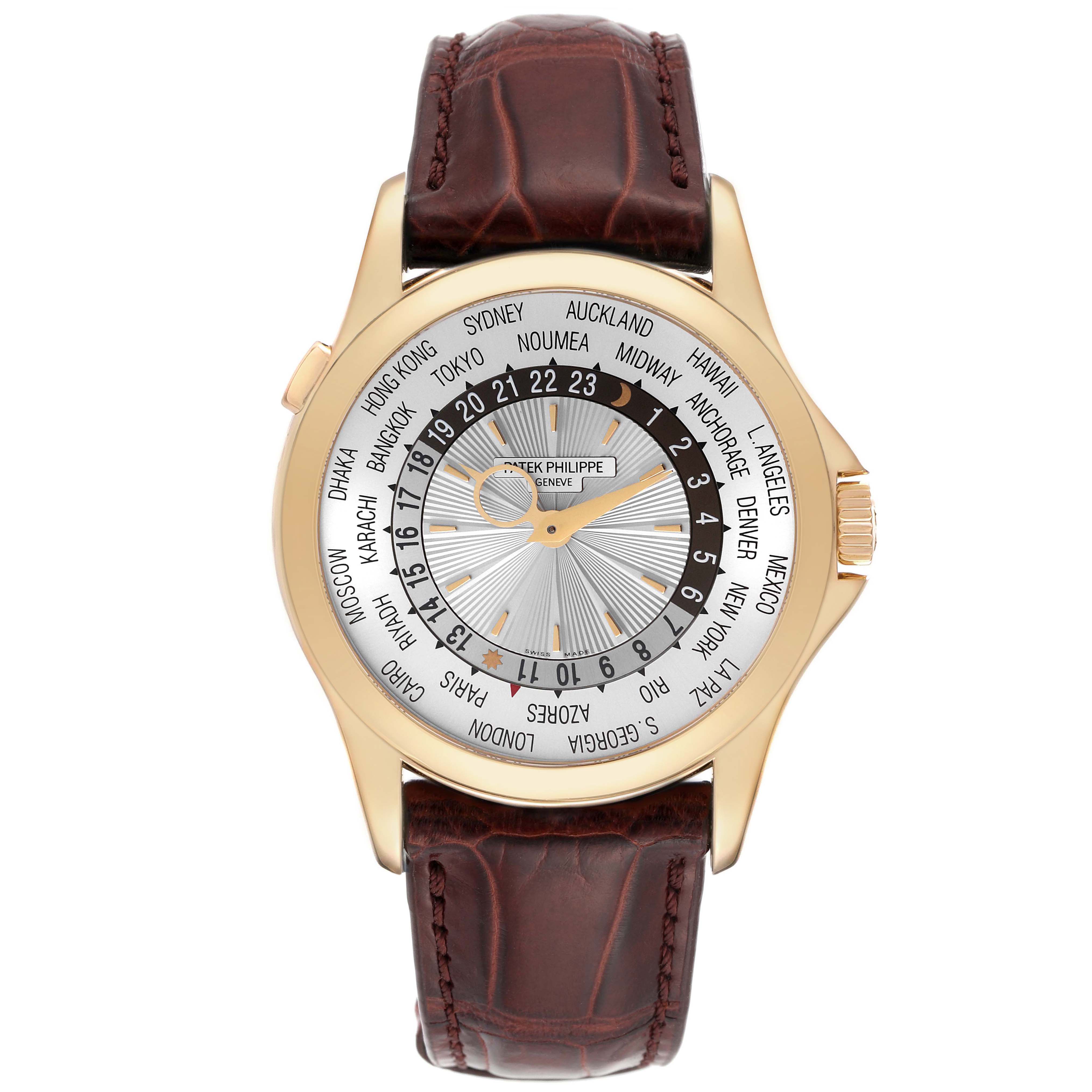 The image shows a front view of the Patek Philippe Complications 5130J Men
s Yellow Gold Silver Dial 5130J Men
s Yellow Gold Silver Dial model watch with its face, strap, and crown visible.