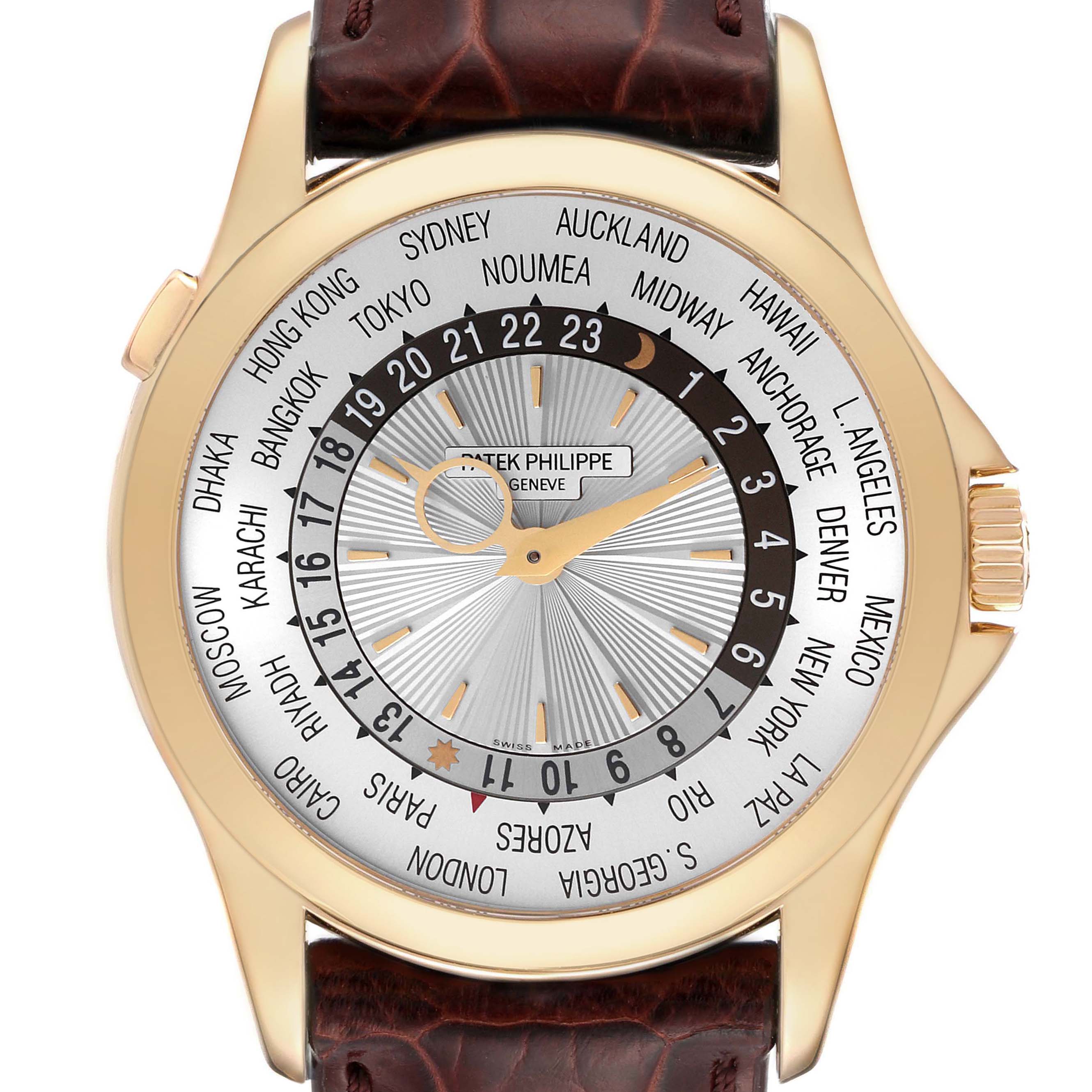 The image shows a front view of the Patek Philippe Complications 5130J Men
s Yellow Gold Silver Dial 5130J Men
s Yellow Gold Silver Dial watch, highlighting the dial with world time zones.