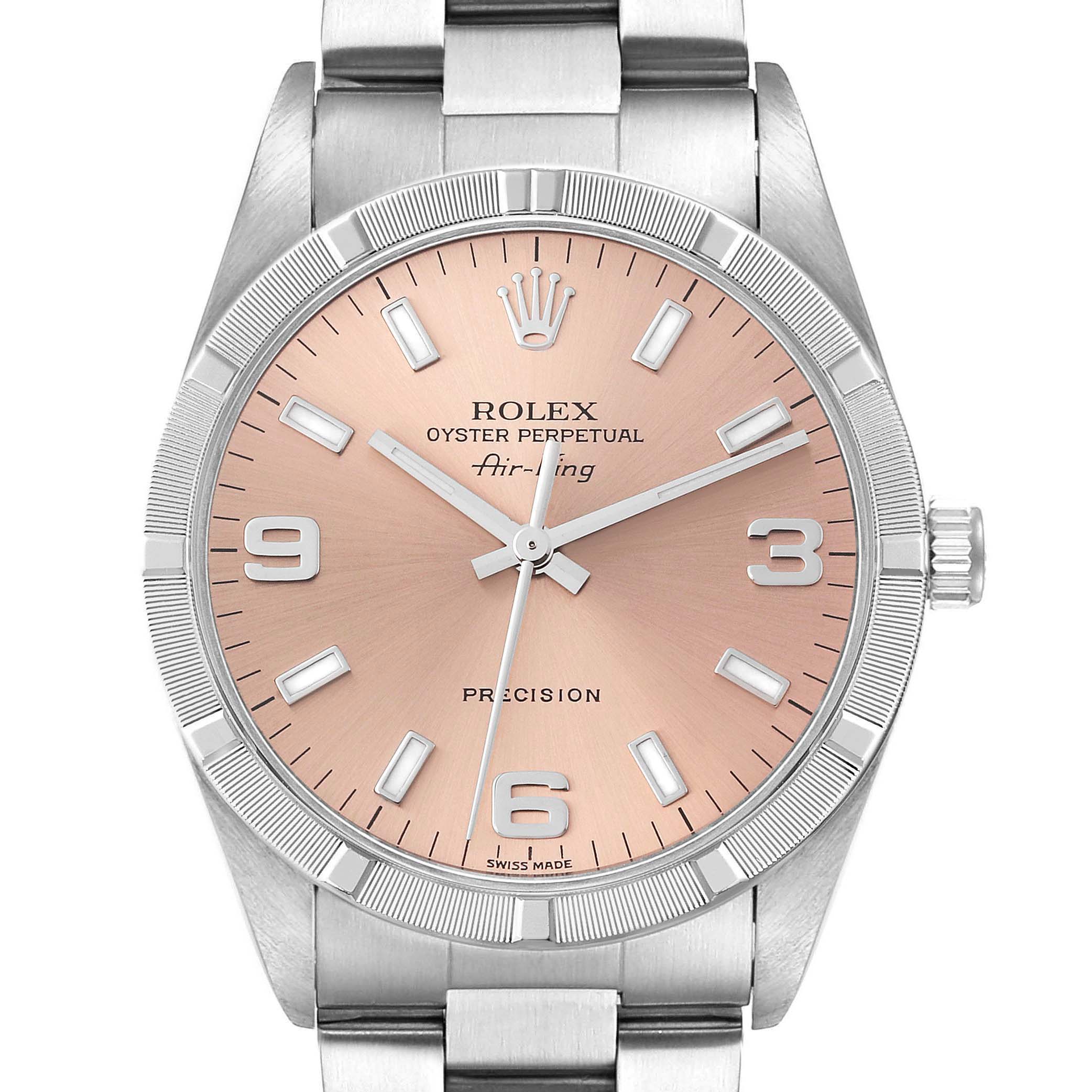 The image shows a front view of the Rolex Air-King 14010 Men's Stainless Steel Pink Dial 14010 Men's Stainless Steel Pink Dial watch, highlighting its dial, hands, and bracelet.