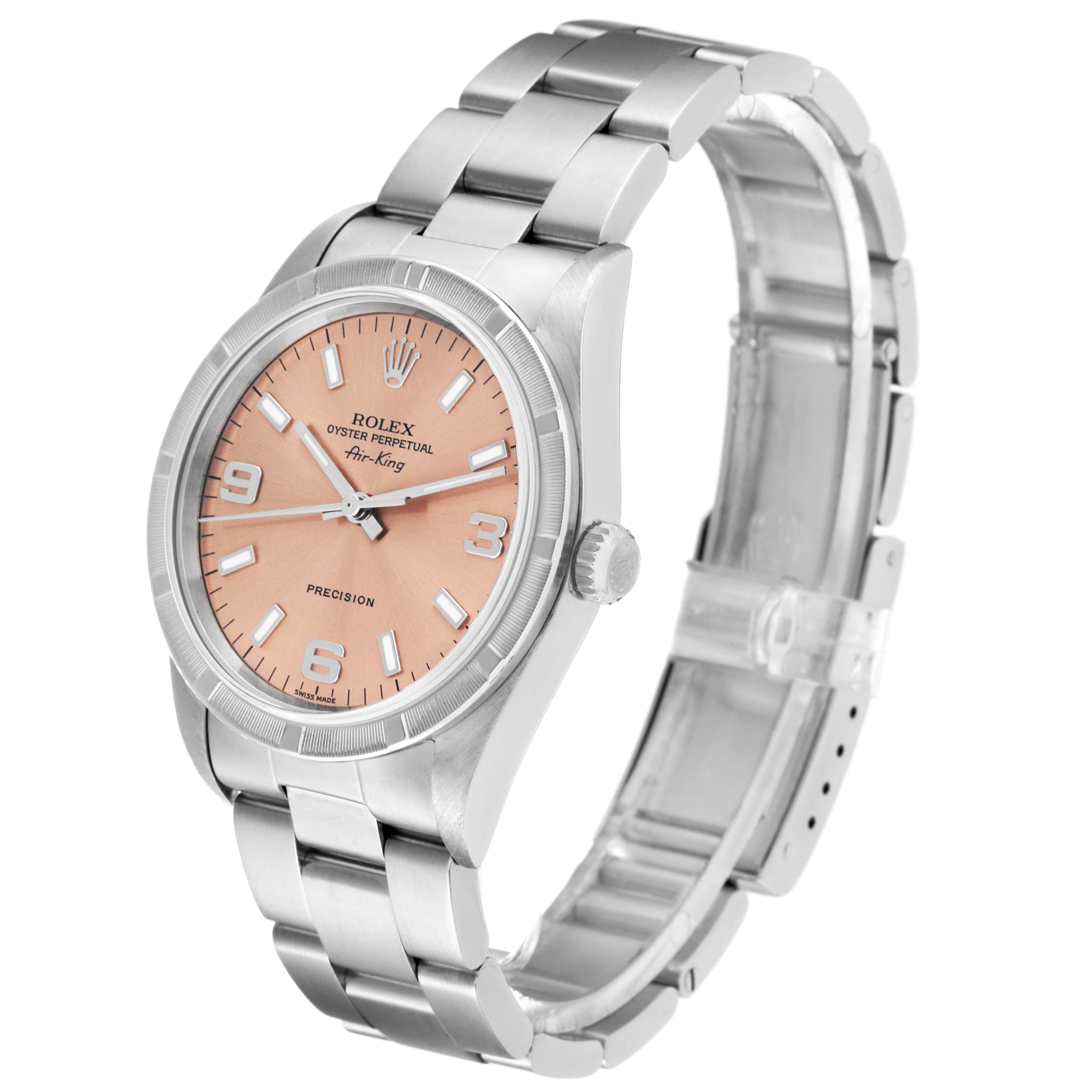 The Rolex Air-King 14010 Men's Stainless Steel Pink Dial 14010 Men's Stainless Steel Pink Dial watch is shown at a three-quarter angle, depicting the dial, crown, and stainless steel bracelet.