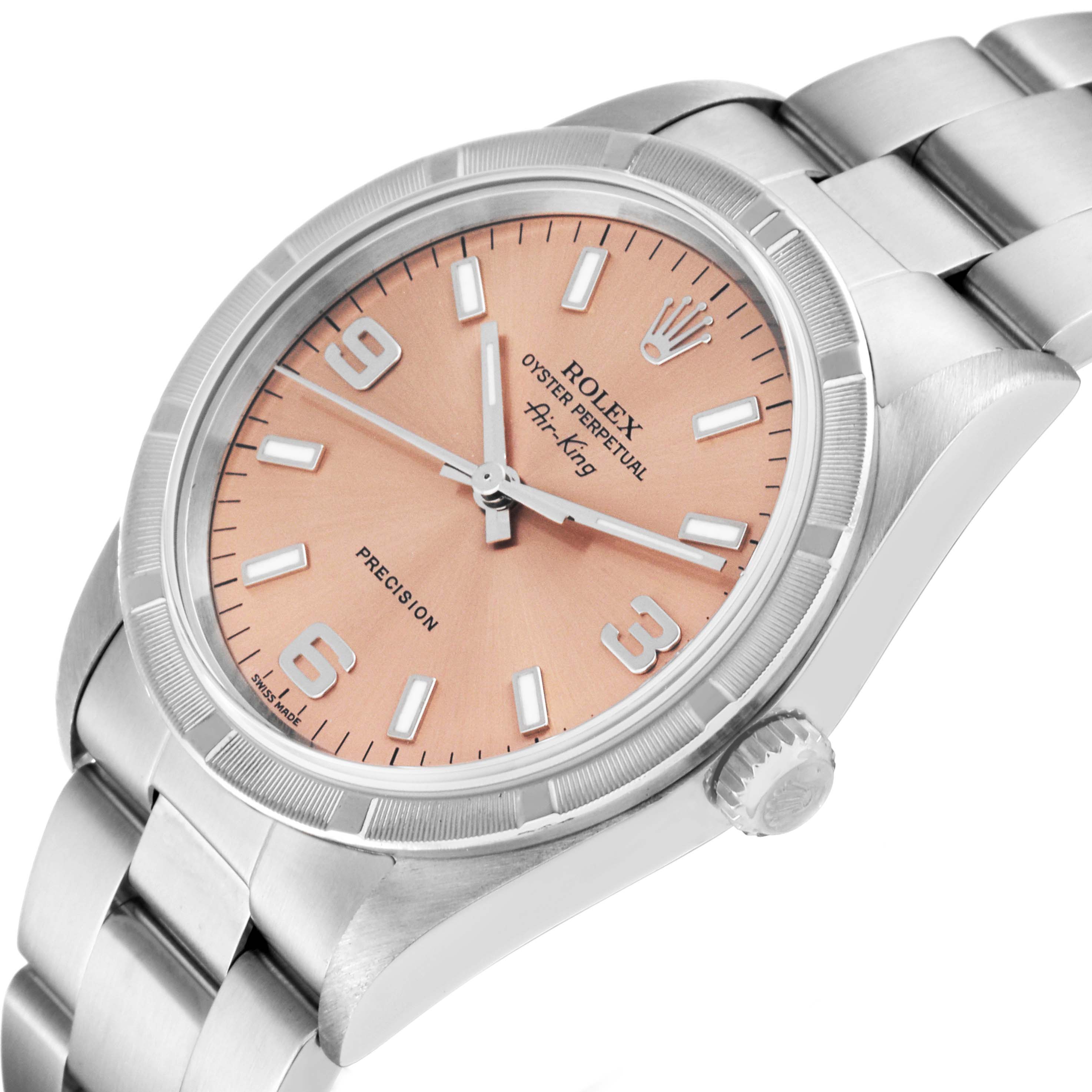 The image shows a Rolex Air-King 14010 Men's Stainless Steel Pink Dial 14010 Men's Stainless Steel Pink Dial watch from an angled view, highlighting its face, bezel, crown, dial, and bracelet.