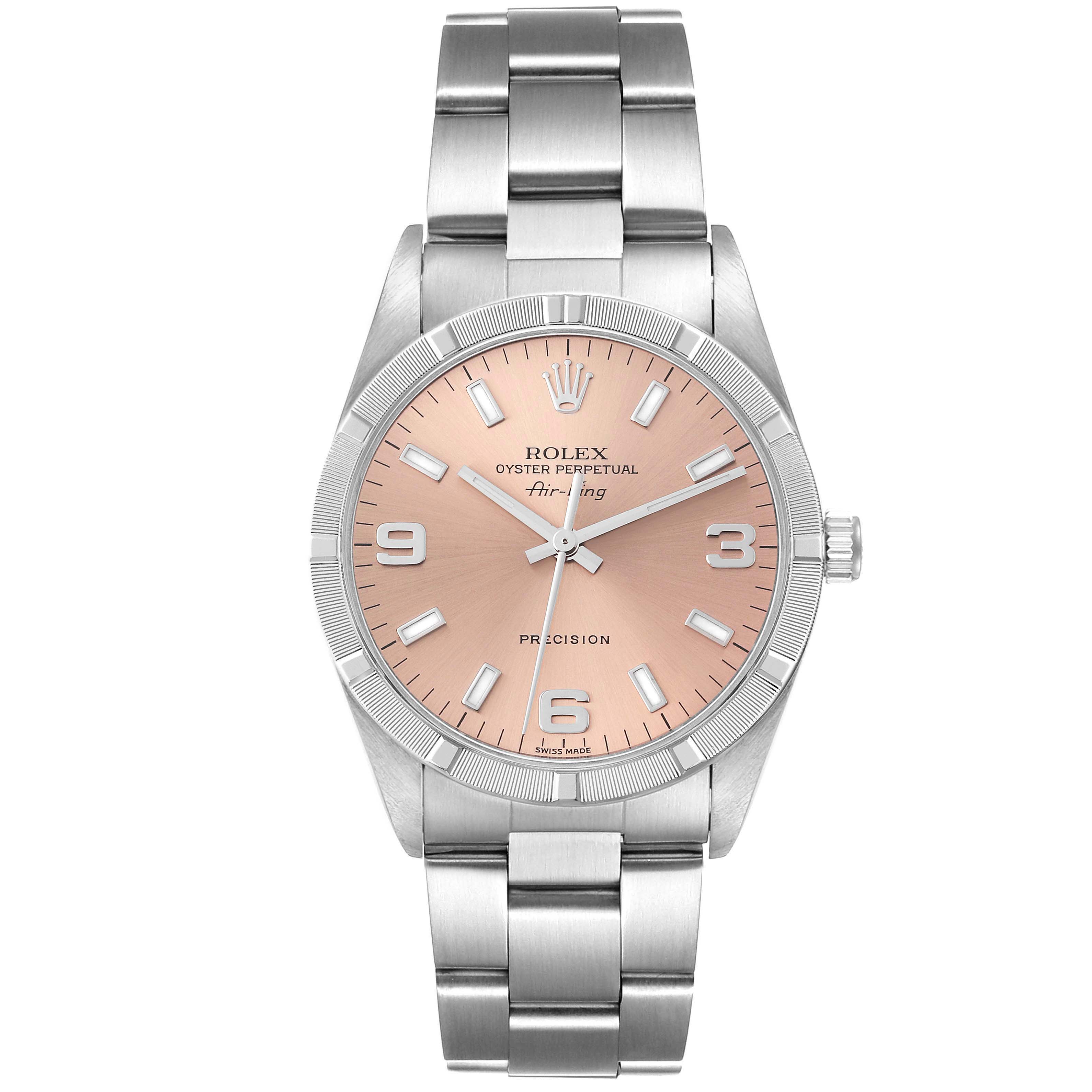 The image shows a front view of a Rolex Air-King 14010 Men's Stainless Steel Pink Dial 14010 Men's Stainless Steel Pink Dial watch, featuring a pink dial, silver markers, and a stainless steel bracelet.