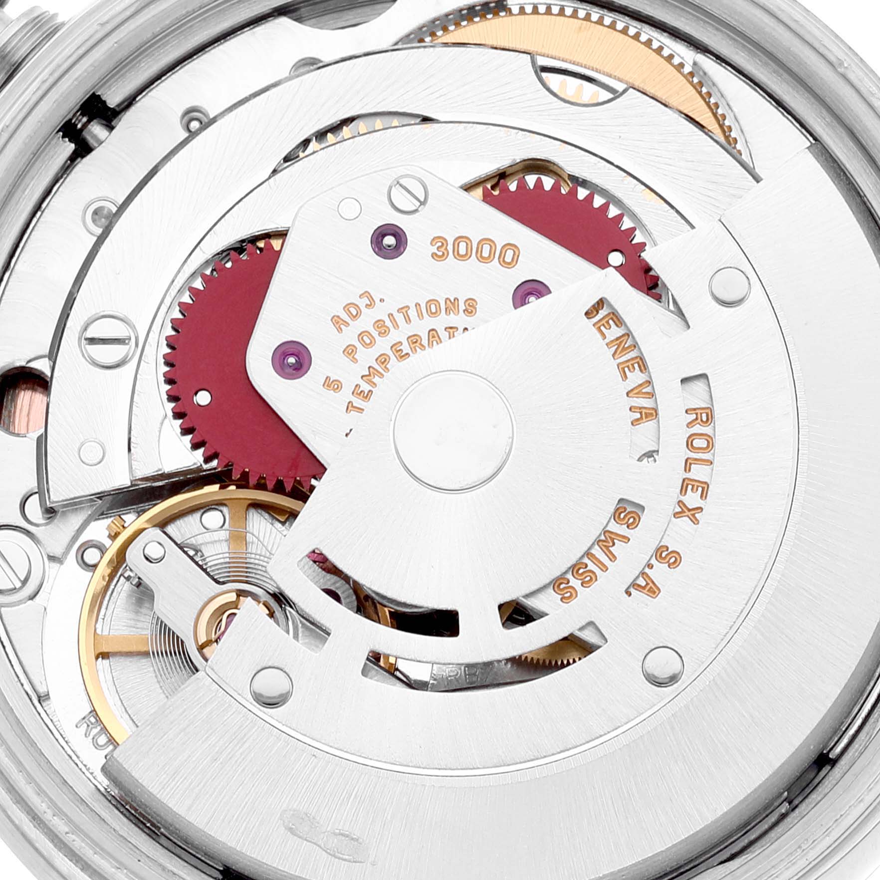 This image shows the internal movement of a Rolex Air-King 14010 Men's Stainless Steel Pink Dial 14010 Men's Stainless Steel Pink Dial watch, highlighting gears, rotors, and intricate mechanical parts.