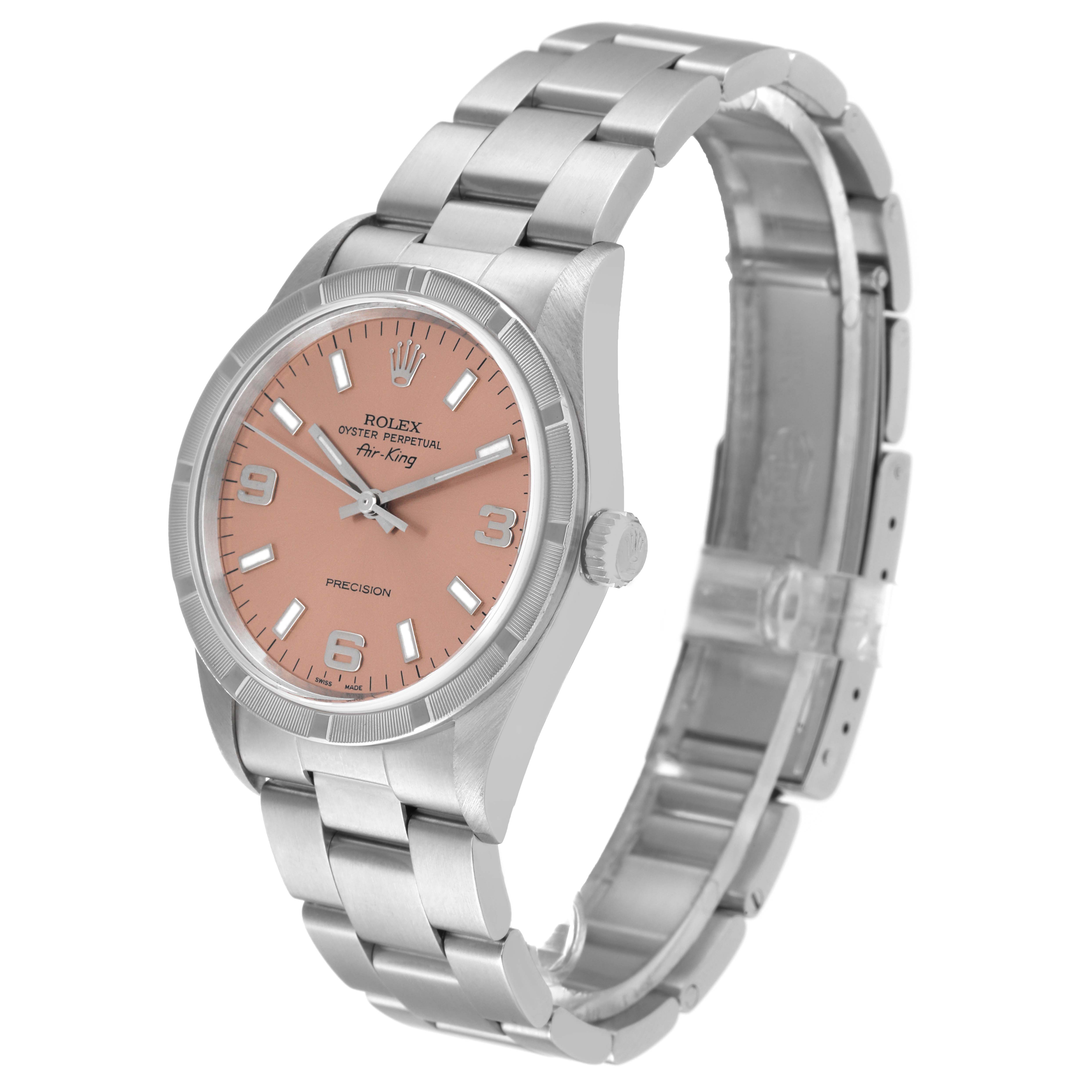 The Rolex Air-King 14010 Men's Stainless Steel Pink Dial 14010 Men's Stainless Steel Pink Dial watch is shown at an angle highlighting the face, bezel, and part of the metal bracelet.