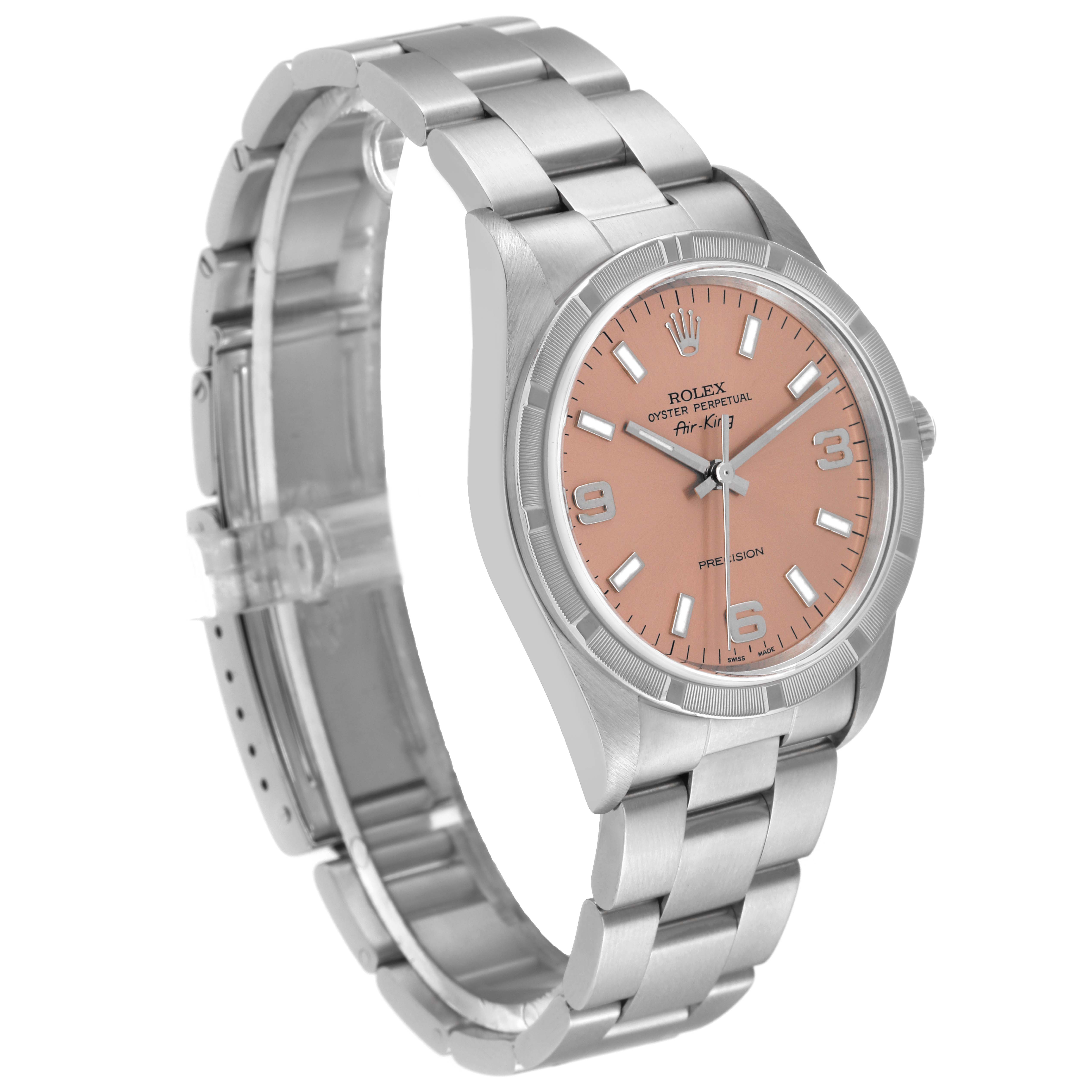 The image shows a Rolex Air-King 14010 Men's Stainless Steel Pink Dial 14010 Men's Stainless Steel Pink Dial watch from an angle highlighting its face, bezel, and metal bracelet.