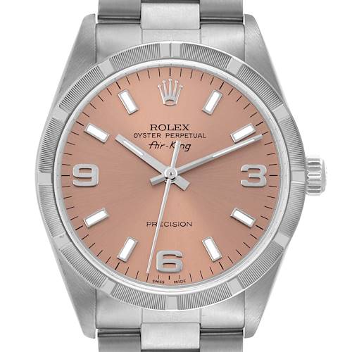 Photo of Rolex Air King 34 Salmon Dial Engine Turned Bezel Steel Mens Watch 14010