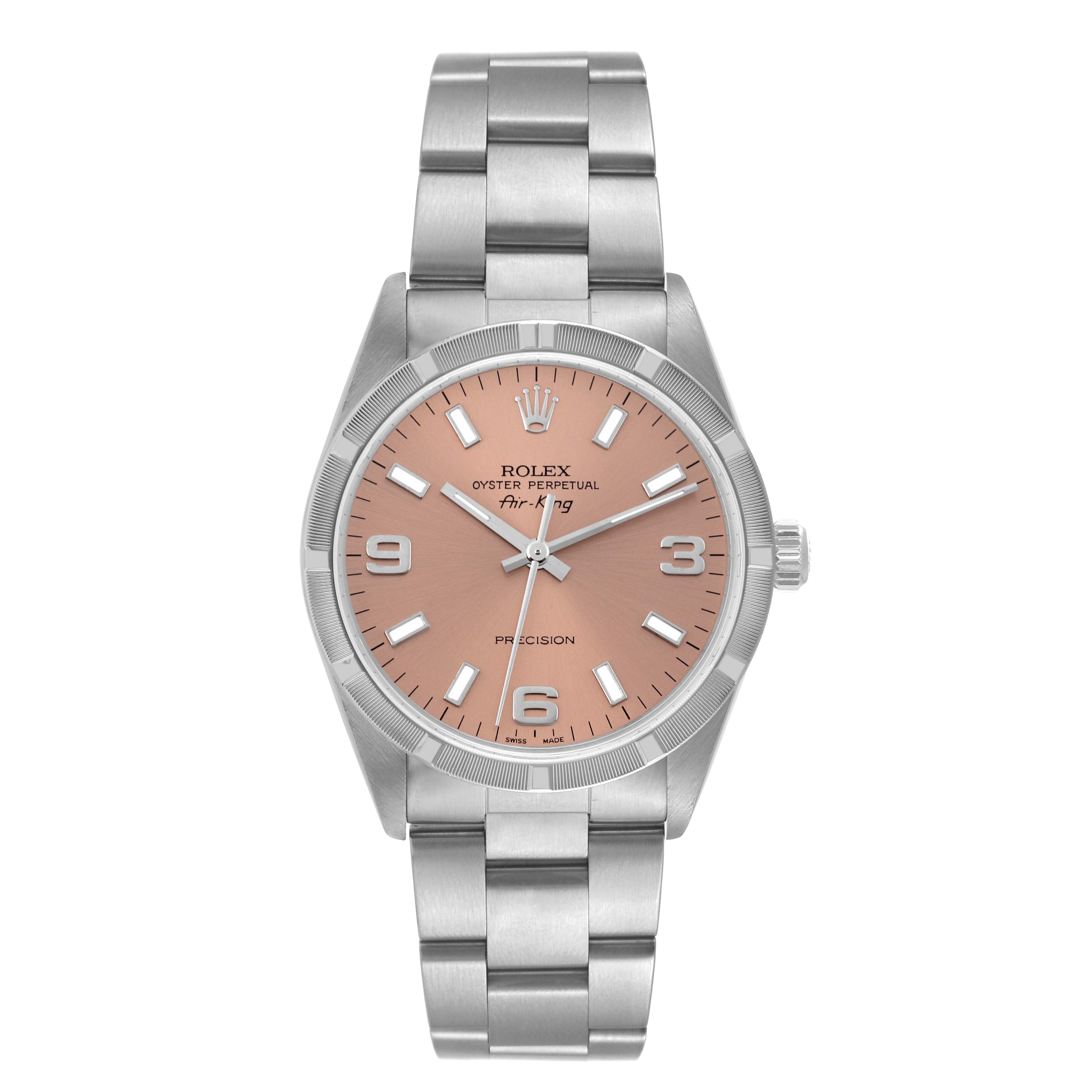 The image shows a Rolex Air-King 14010 Men's Stainless Steel Pink Dial 14010 Men's Stainless Steel Pink Dial watch from a straight-on angle, highlighting the dial, case, and bracelet.