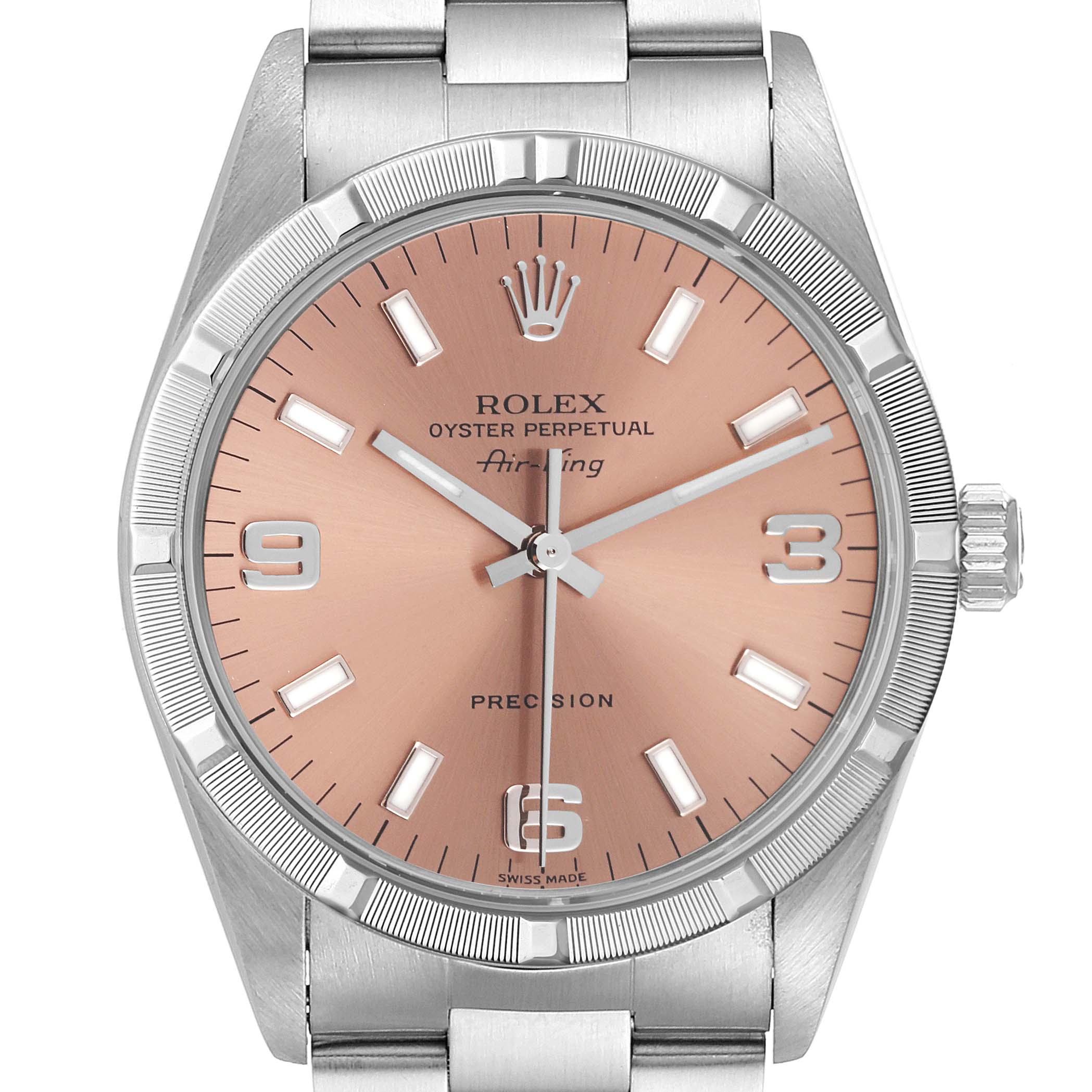 This image shows a front view of the Rolex Air-King 14010 Men's Stainless Steel Pink Dial 14010 Men's Stainless Steel Pink Dial watch, including its face, bezel, hands, and part of the bracelet.