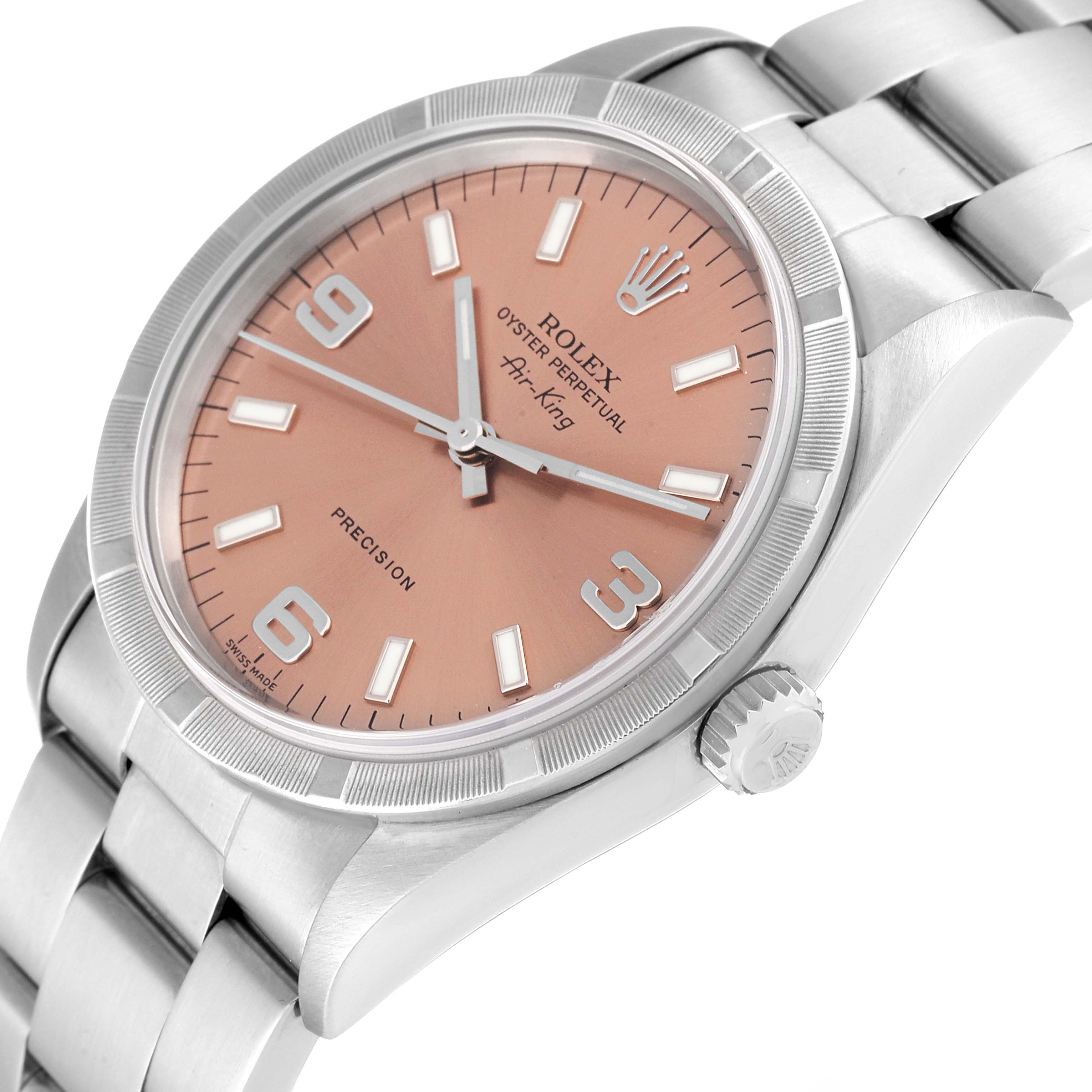 The image showcases a Rolex Air-King 14010 Men's Stainless Steel Pink Dial 14010 Men's Stainless Steel Pink Dial watch from an angled perspective, highlighting its face, bezel, crown, and part of the bracelet.