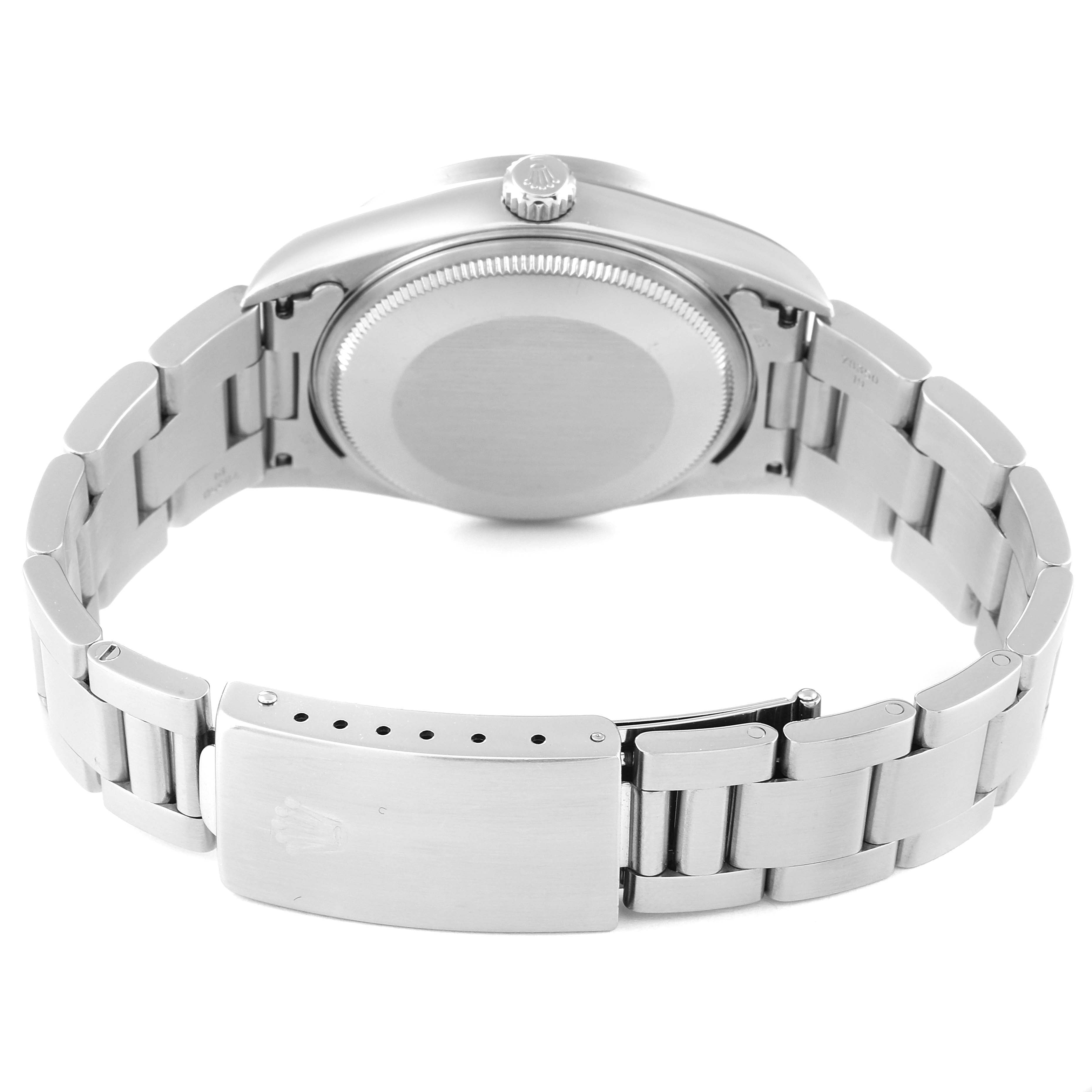 The image shows the back view of a Rolex Air-King 14010 Men's Stainless Steel Pink Dial 14010 Men's Stainless Steel Pink Dial watch, highlighting the case back, bracelet, and clasp.