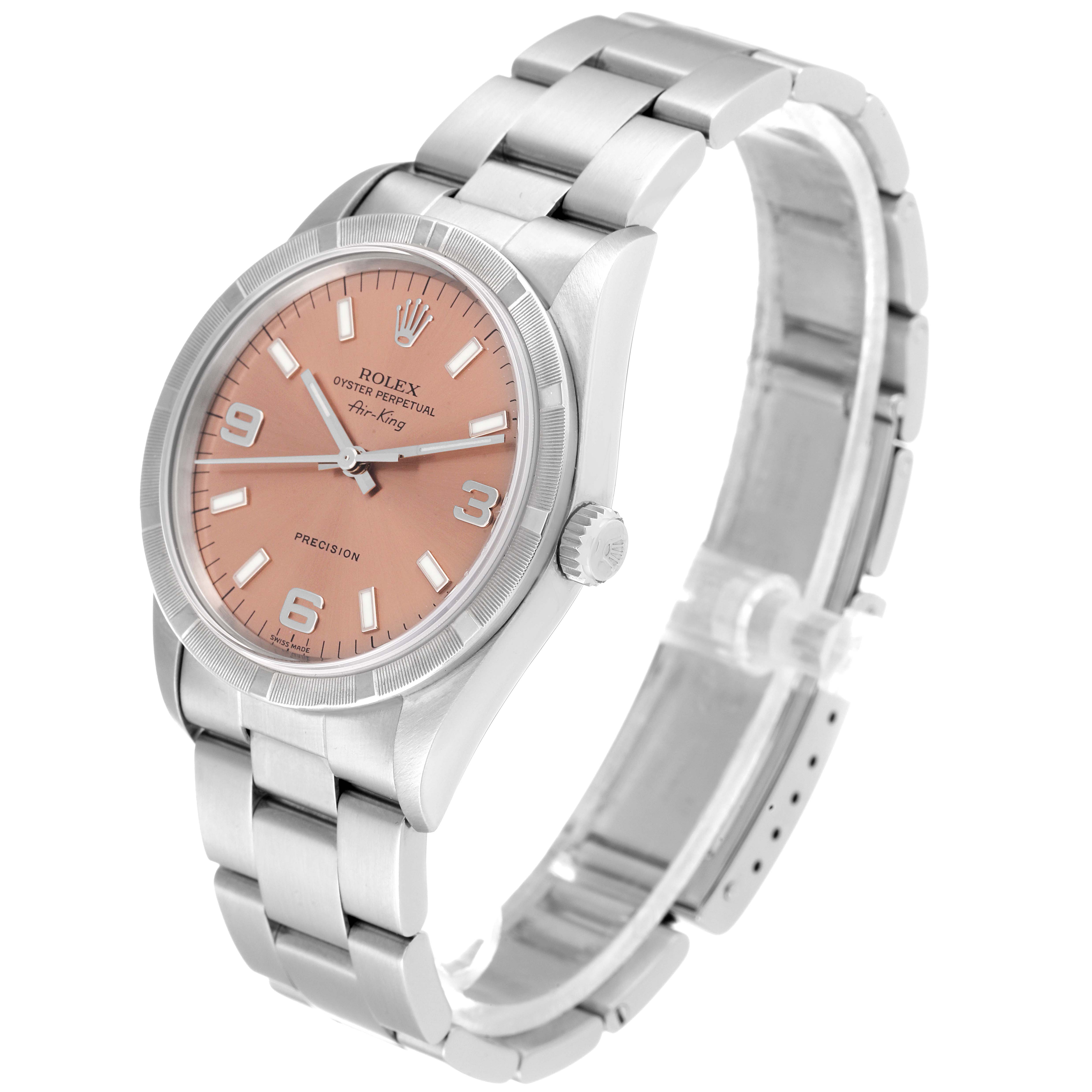 The image shows a Rolex Air-King 14010 Men's Stainless Steel Pink Dial 14010 Men's Stainless Steel Pink Dial watch angled slightly to the left, highlighting its face, crown, and bracelet.