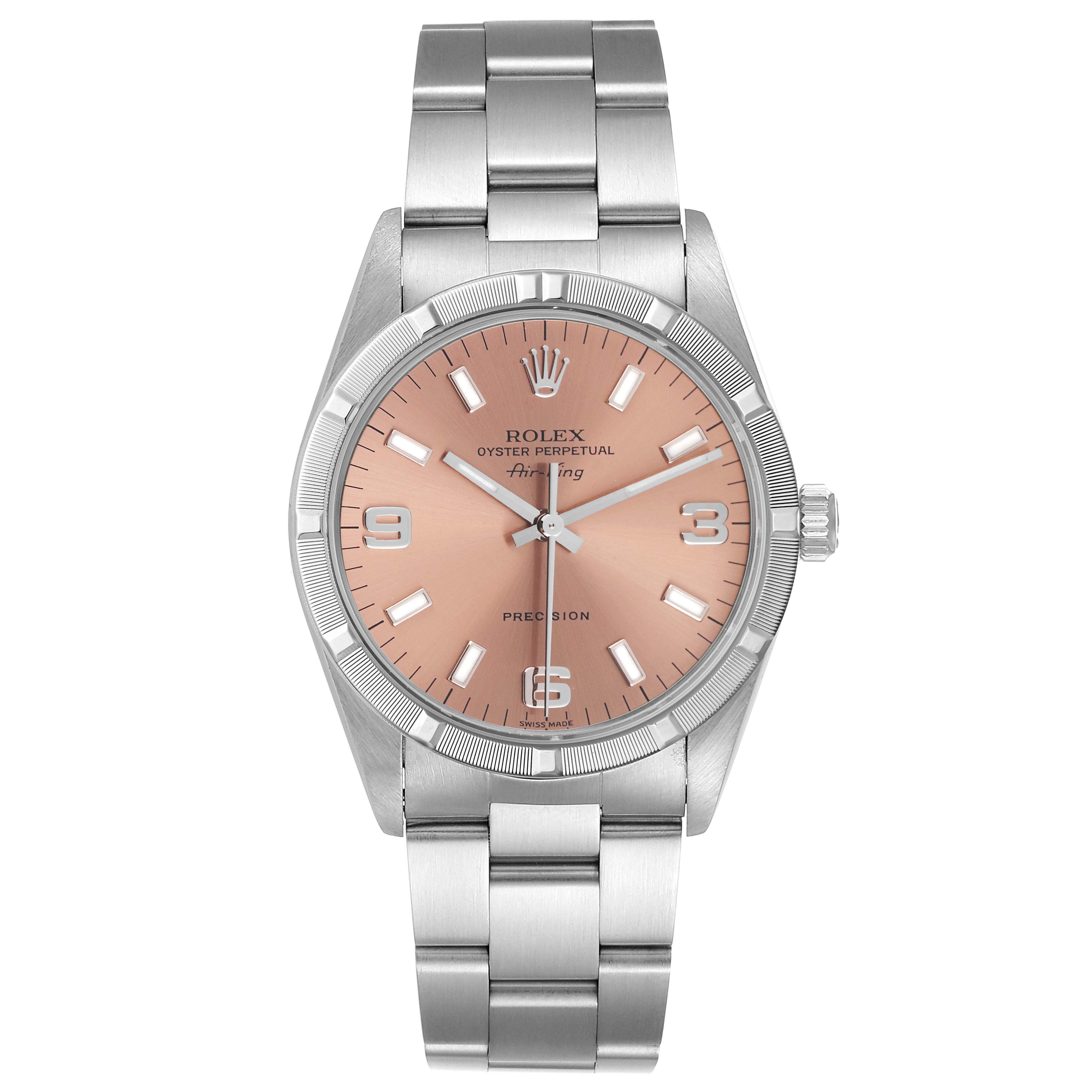 The image shows a front view of a Rolex Air-King 14010 Men's Stainless Steel Pink Dial 14010 Men's Stainless Steel Pink Dial watch, displaying its face, bezel, and bracelet.