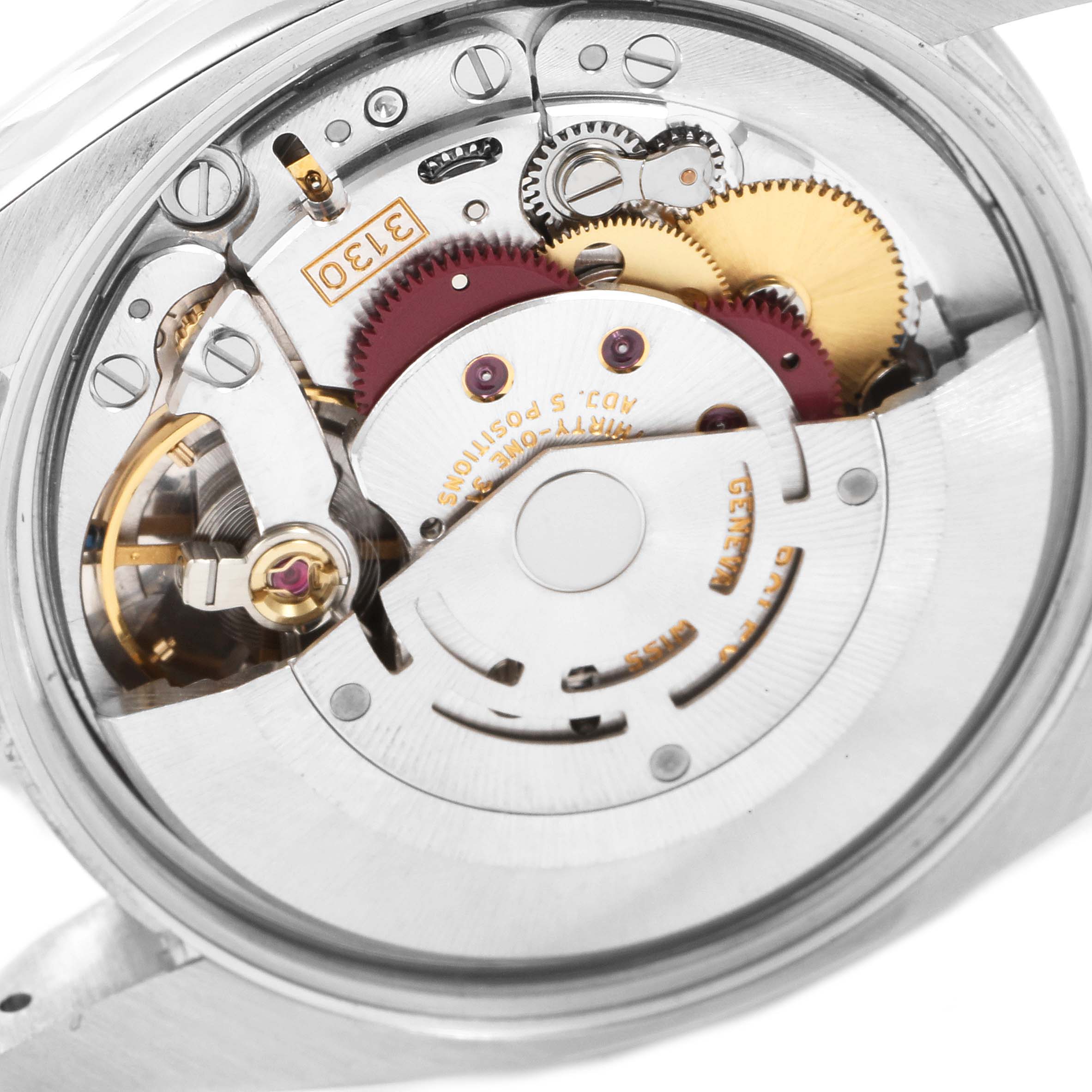 The image shows a close-up of the internal mechanical movement of a Rolex Air-King 114200 Men's Stainless Steel White Dial 114200 Men's Stainless Steel White Dial watch.