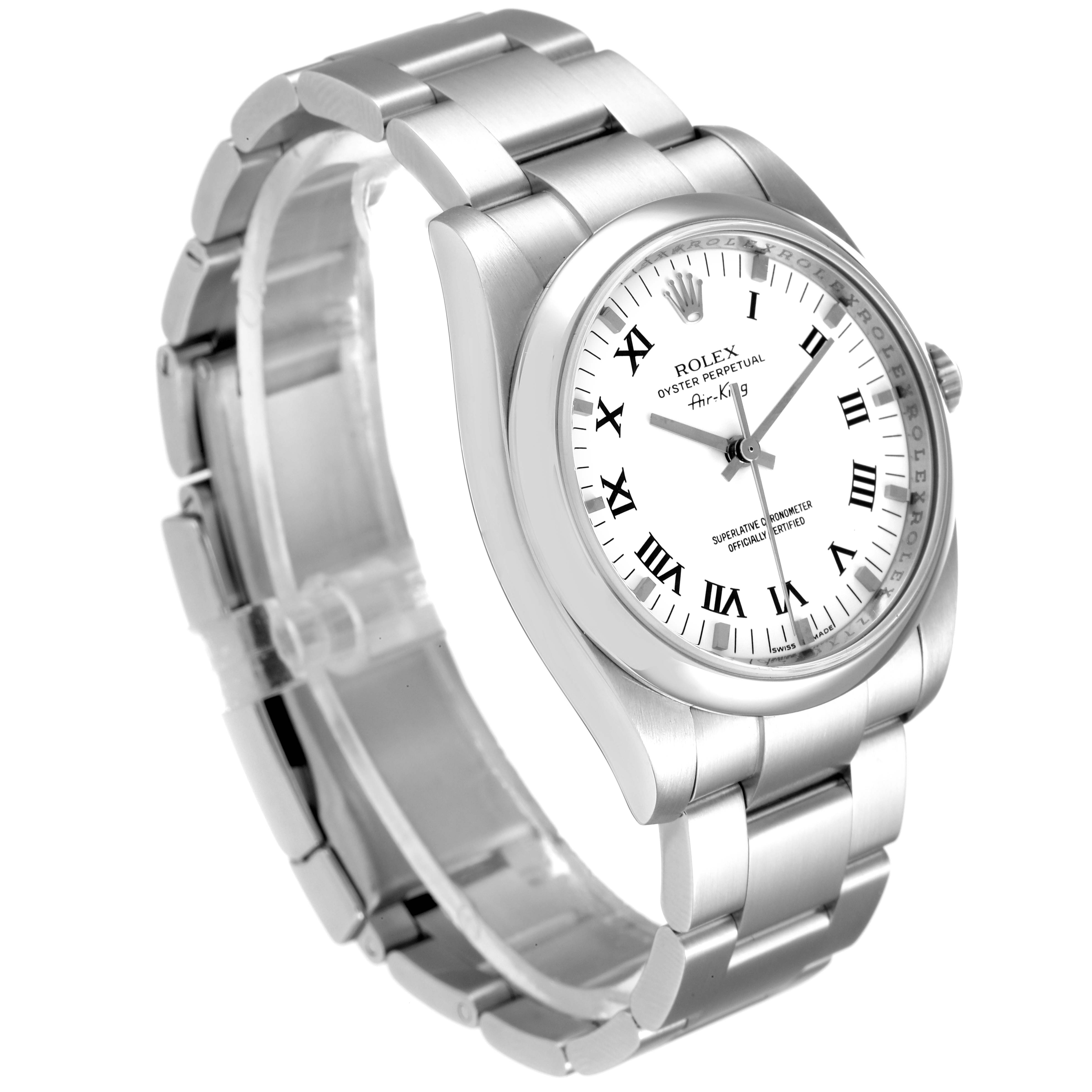 The image shows a Rolex Air-King 114200 Men's Stainless Steel White Dial 114200 Men's Stainless Steel White Dial watch at an angled view, displaying its dial and bracelet.