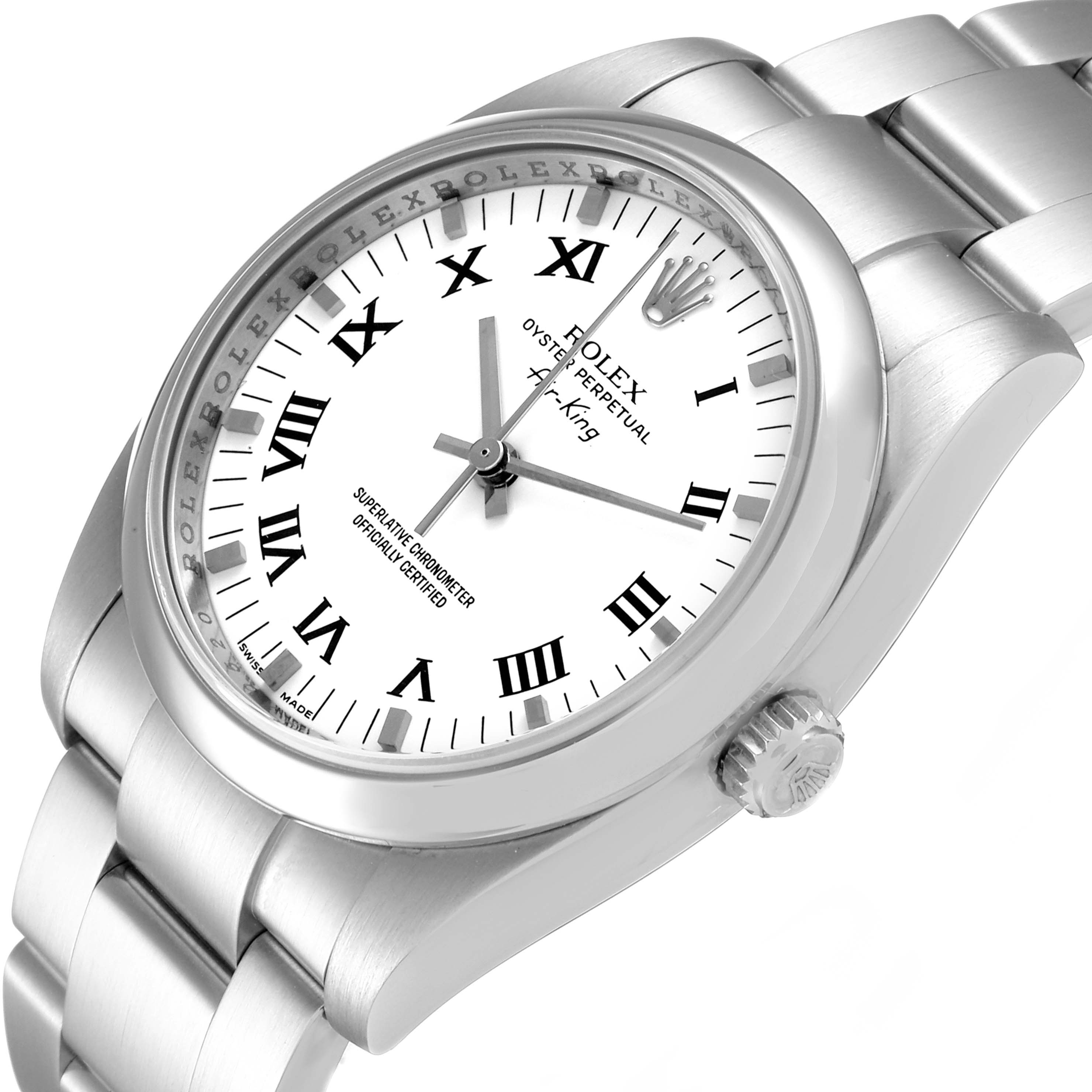 The Rolex Air-King 114200 Men's Stainless Steel White Dial 114200 Men's Stainless Steel White Dial watch is shown at a tilted angle, highlighting its dial, bezel, crown, and part of the bracelet.