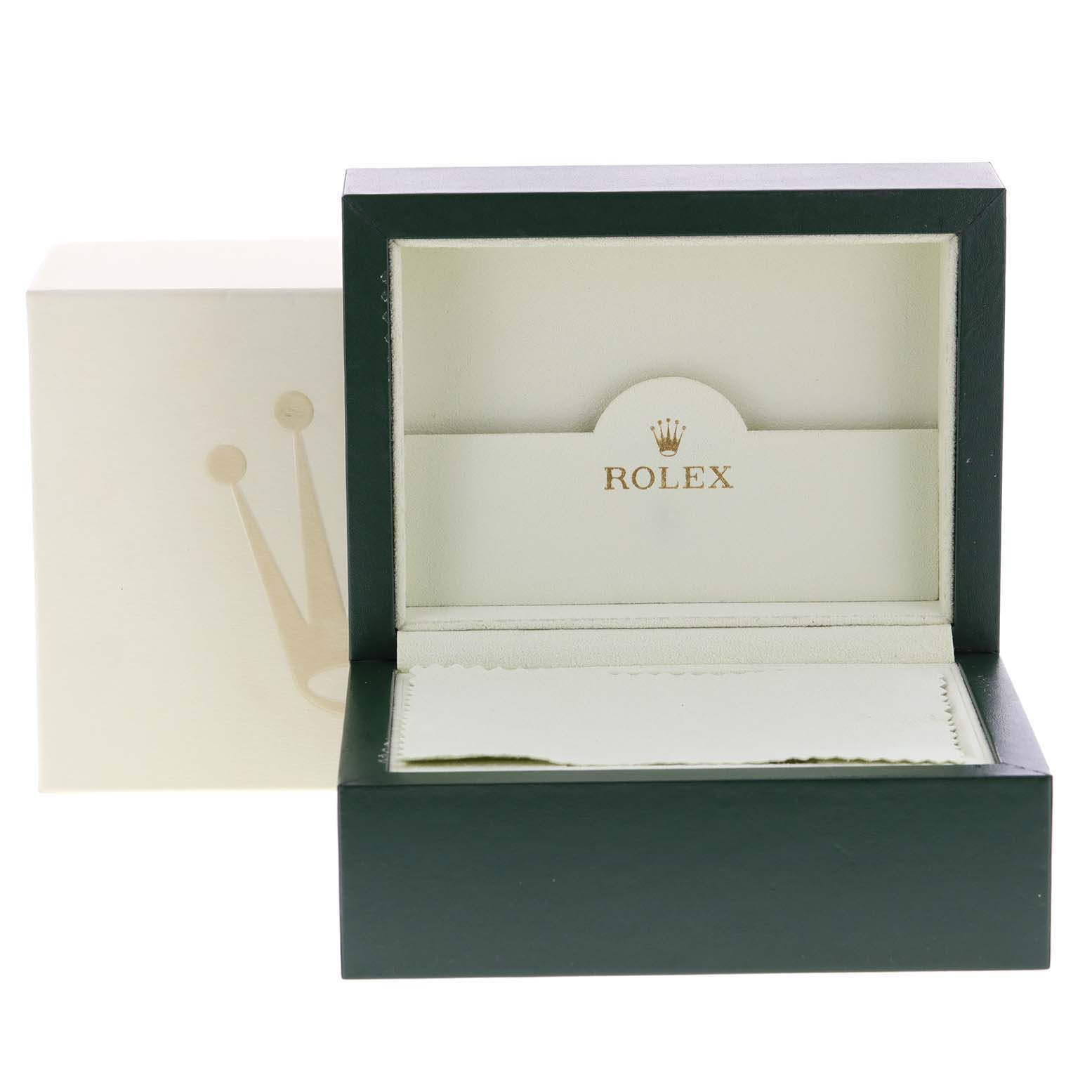 The image shows an open green Rolex Air-King 114200 Men's Stainless Steel White Dial 114200 Men's Stainless Steel White Dial watch box at a straight angle, with a visible logo inside.