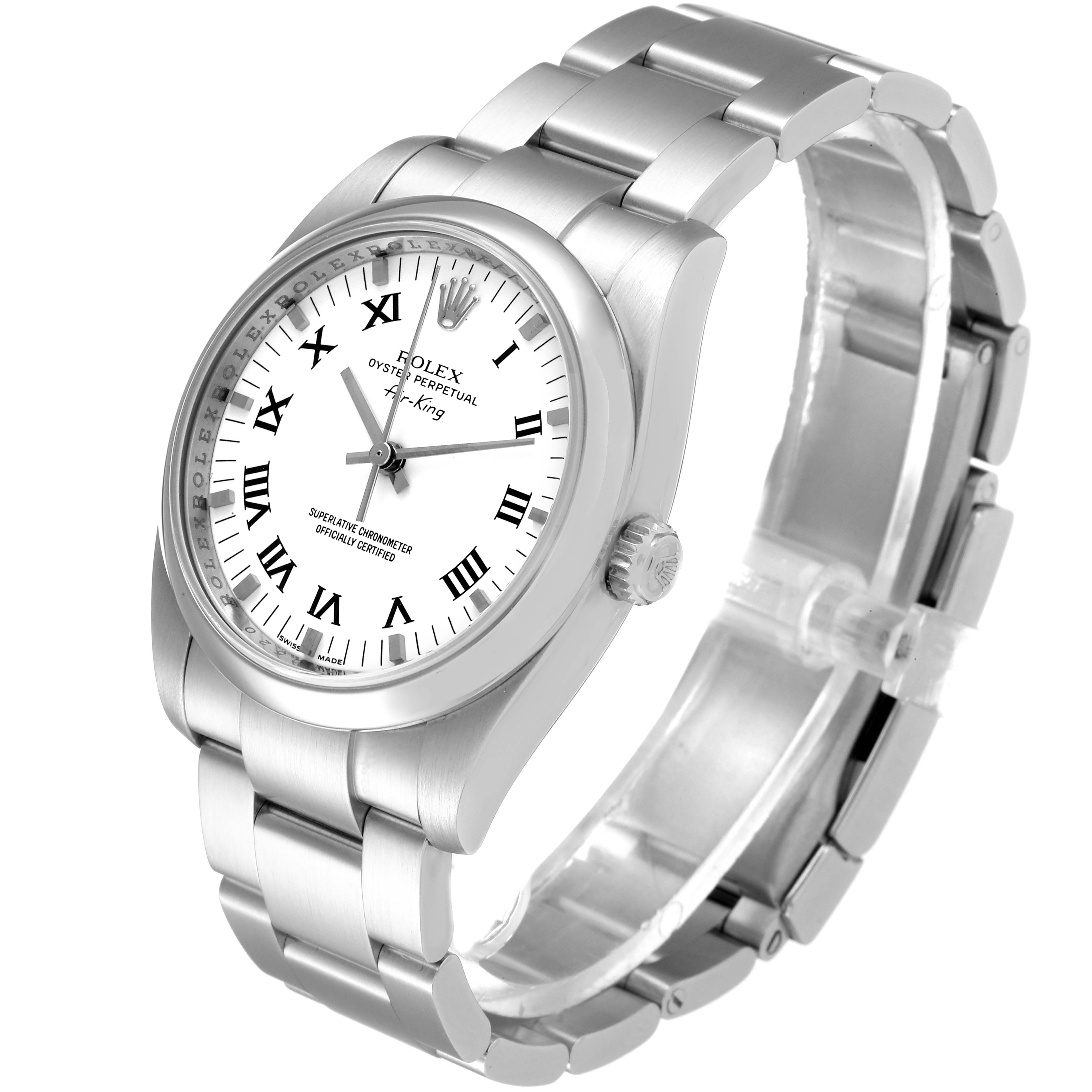 The image shows the Rolex Air-King 114200 Men's Stainless Steel White Dial 114200 Men's Stainless Steel White Dial watch from a three-quarter front angle, highlighting the face, bezel, and bracelet.