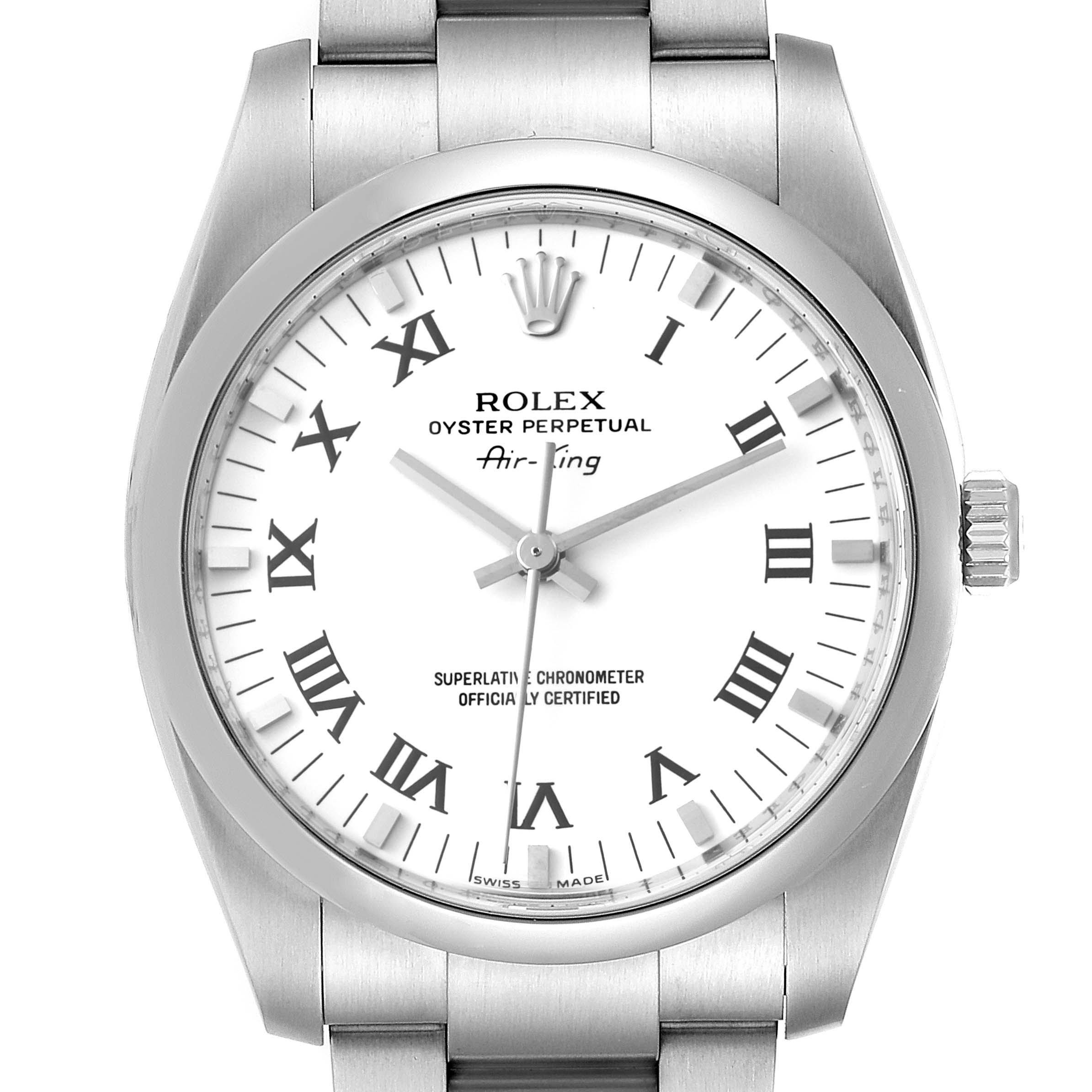 The image shows a close-up of the face and part of the bracelet of a Rolex Air-King 114200 Men's Stainless Steel White Dial 114200 Men's Stainless Steel White Dial watch, featuring Roman numerals and a white dial.