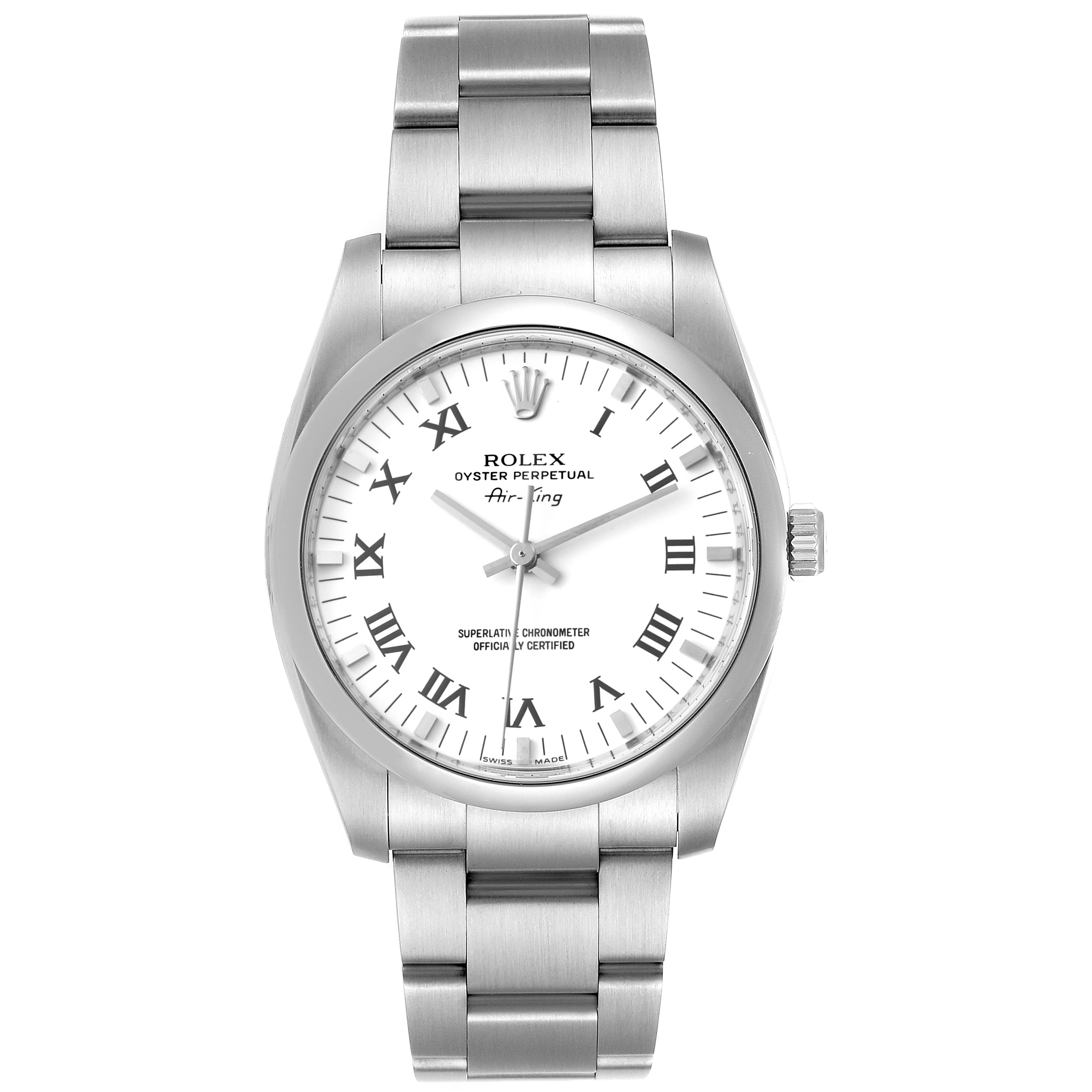The image shows a front view of the Rolex Air-King 114200 Men's Stainless Steel White Dial 114200 Men's Stainless Steel White Dial watch, displaying the dial, hands, case, and bracelet.