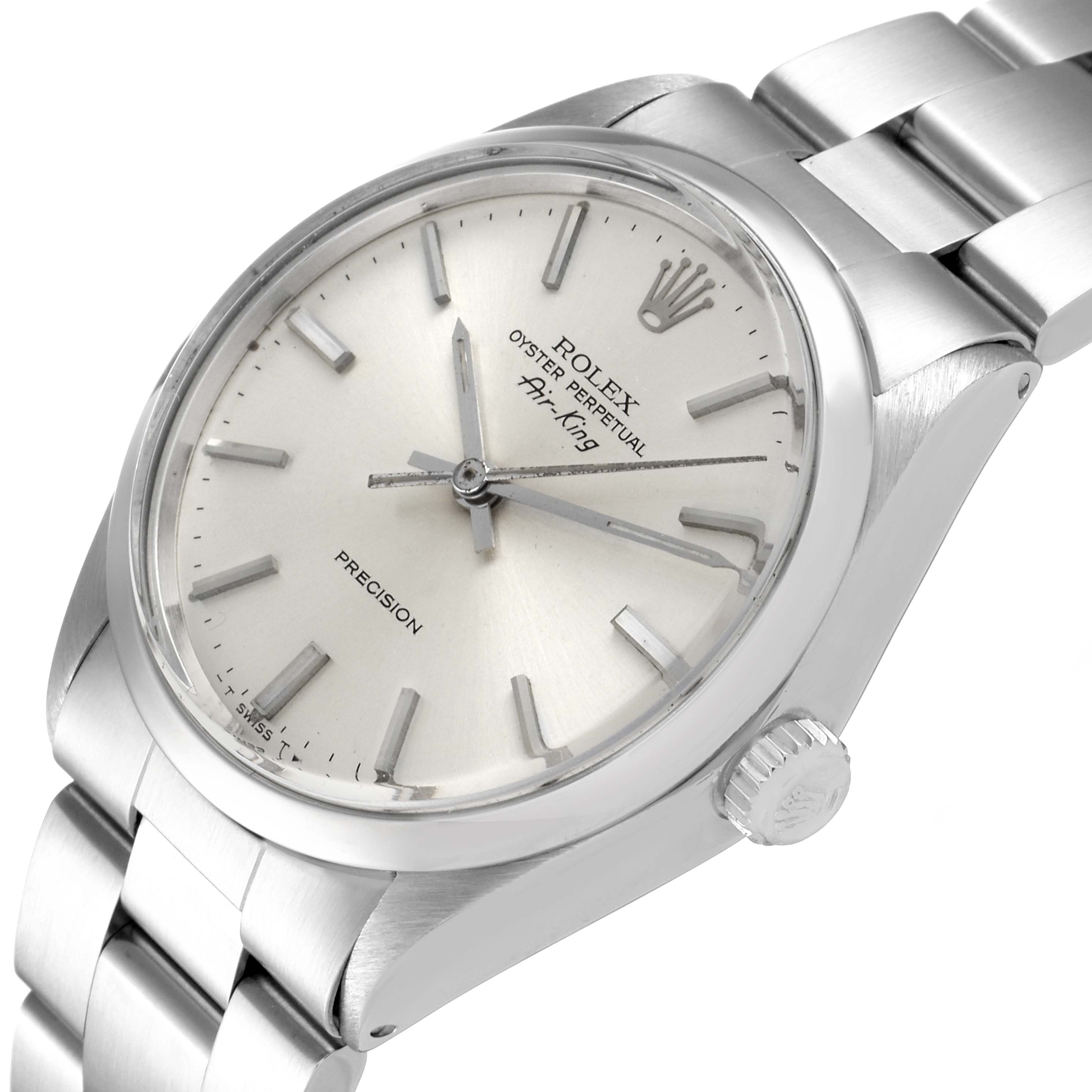 The image shows a close-up angled view of a Rolex Vintage Collection 5500 Men's Stainless Steel Silver Dial 5500 Men's Stainless Steel Silver Dial Oyster Perpetual Air-King watch, highlighting its face, crown, and bracelet.