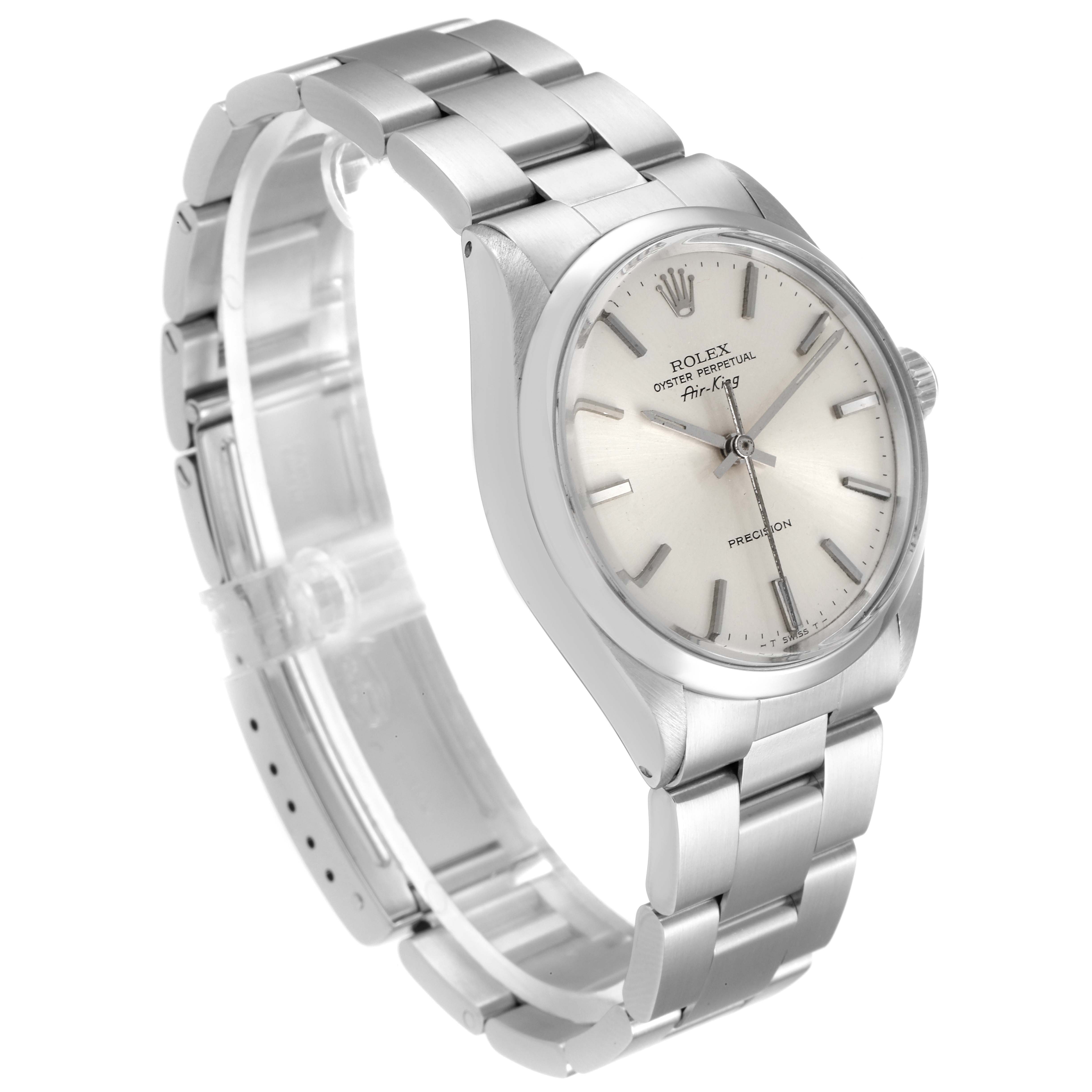 The image shows a Rolex Vintage Collection 5500 Men's Stainless Steel Silver Dial 5500 Men's Stainless Steel Silver Dial watch from an angled side view, highlighting the dial, bezel, and metal bracelet.