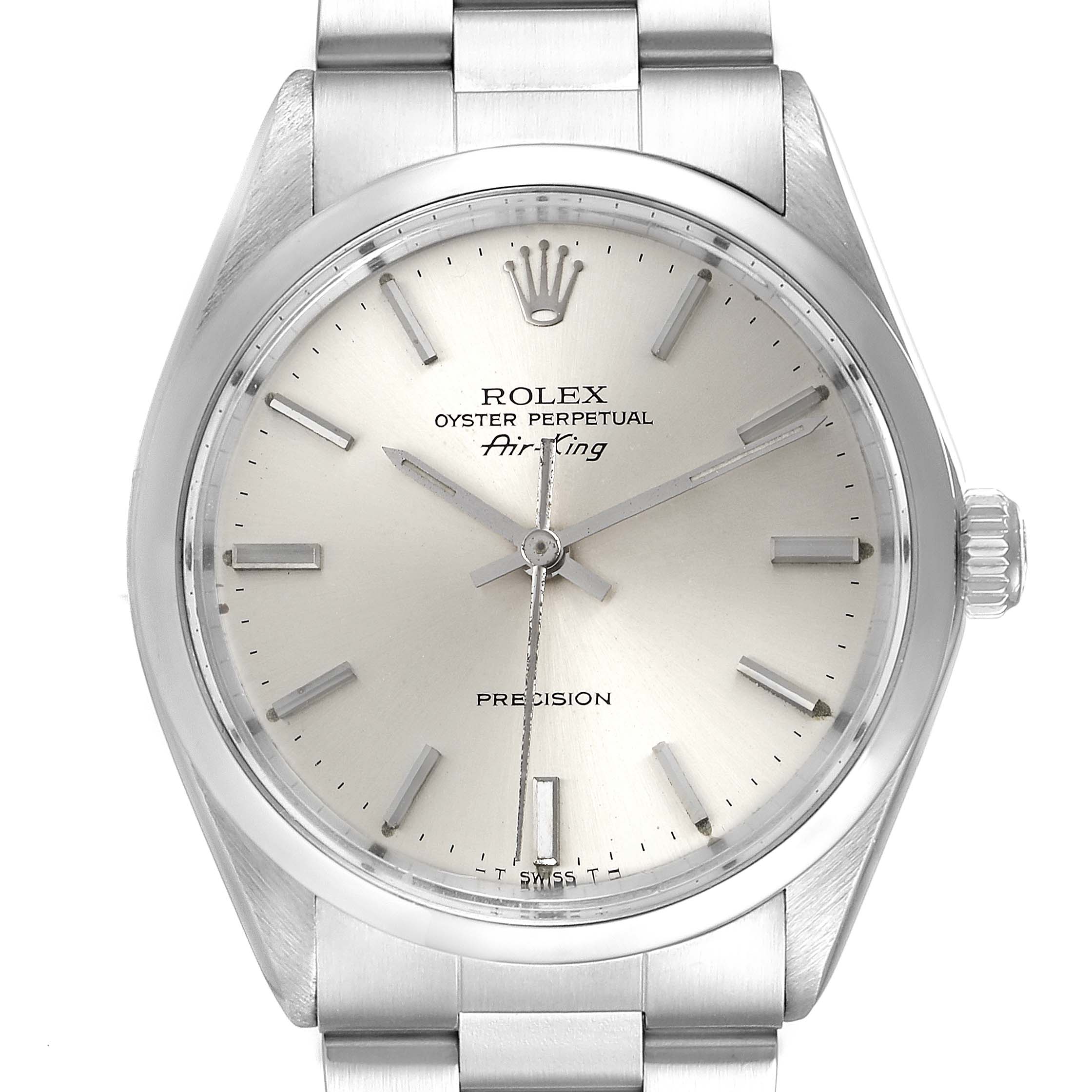 The image shows a front view of the Rolex Vintage Collection 5500 Men's Stainless Steel Silver Dial 5500 Men's Stainless Steel Silver Dial Oyster Perpetual Air-King watch, highlighting its dial and bracelet.