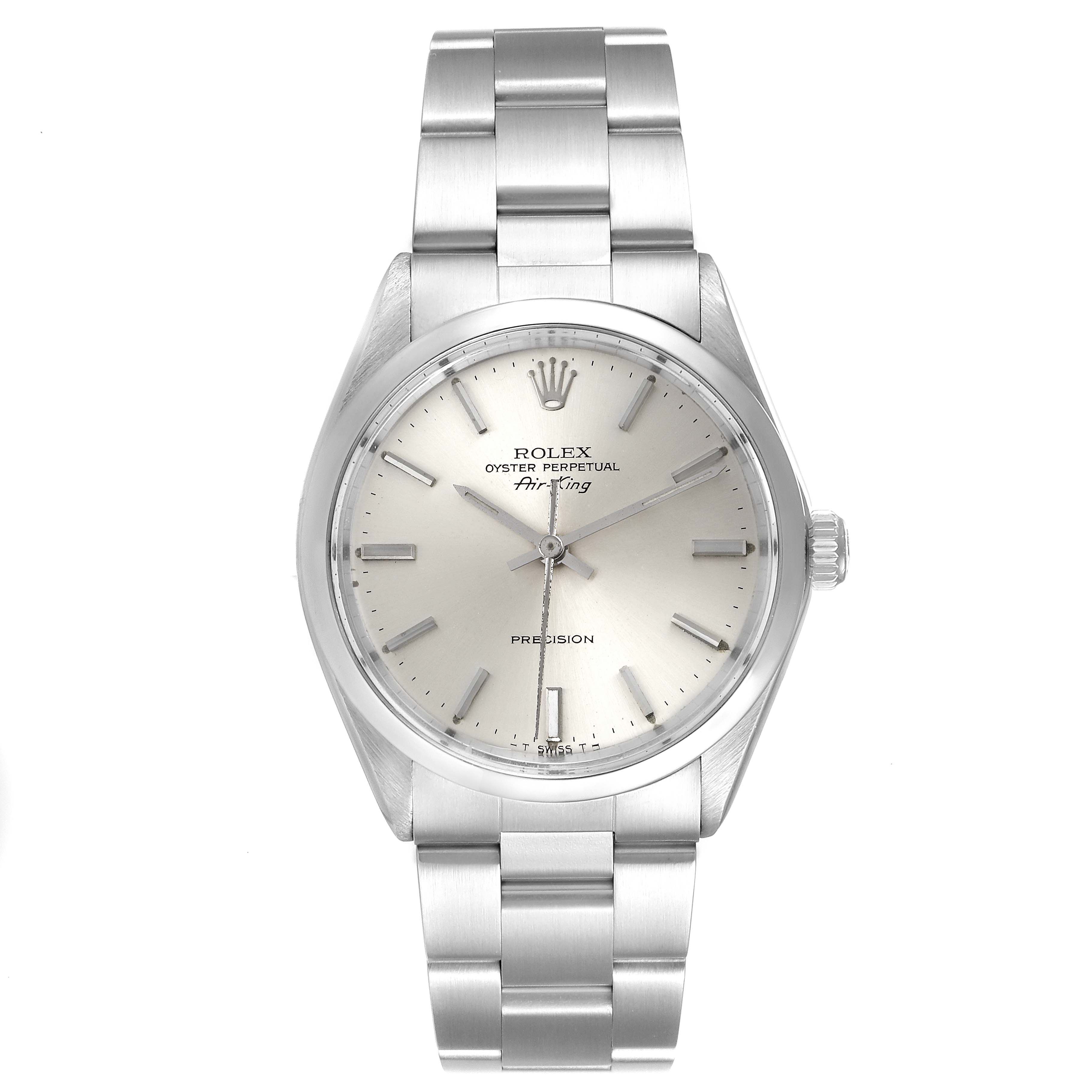 This image shows a front view of a Rolex Vintage Collection 5500 Men's Stainless Steel Silver Dial 5500 Men's Stainless Steel Silver Dial Oyster Perpetual Air-King watch, detailing the dial and bracelet.