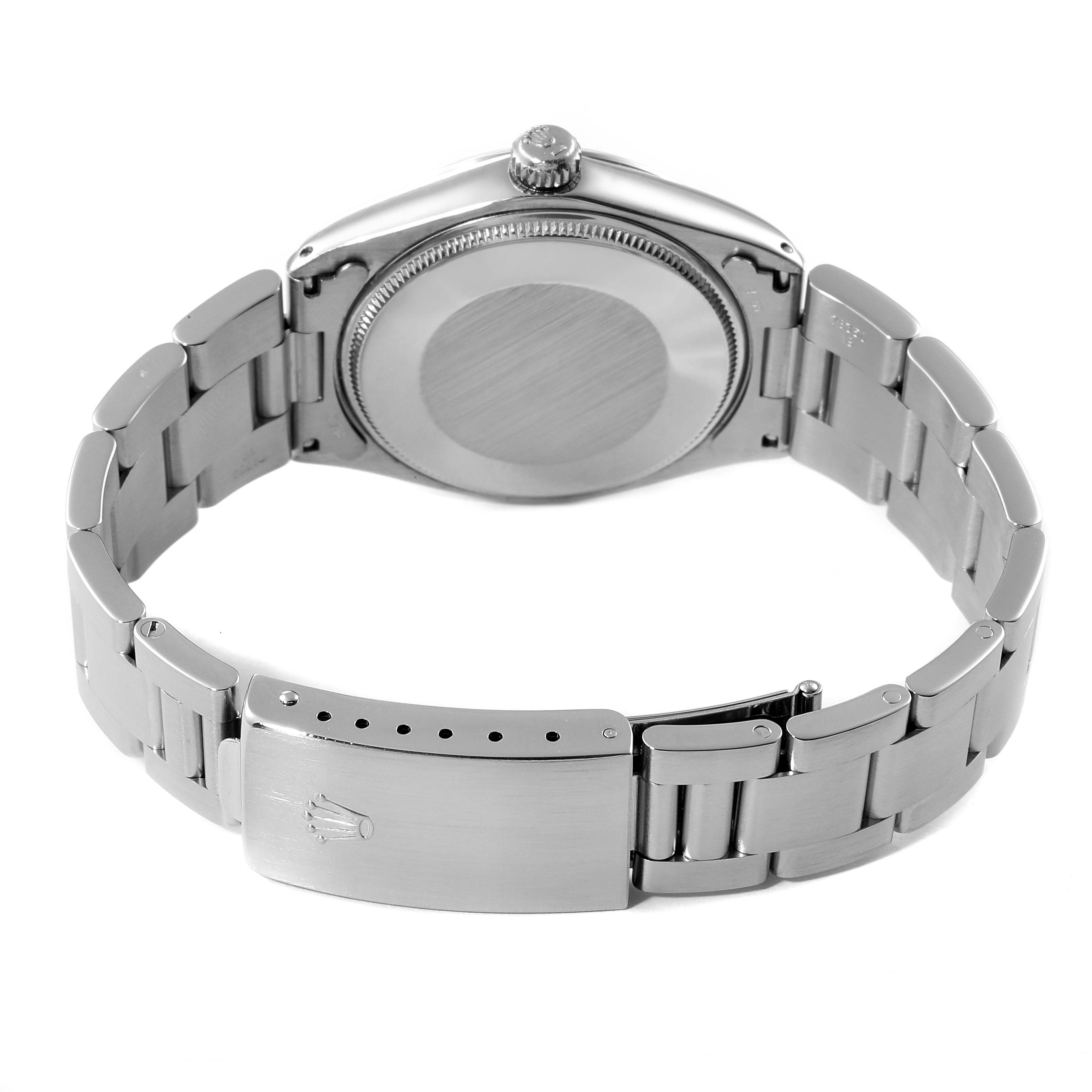The image shows the back and bracelet of a Rolex Vintage Collection 5500 Men's Stainless Steel Silver Dial 5500 Men's Stainless Steel Silver Dial model, highlighting the clasp and case back.