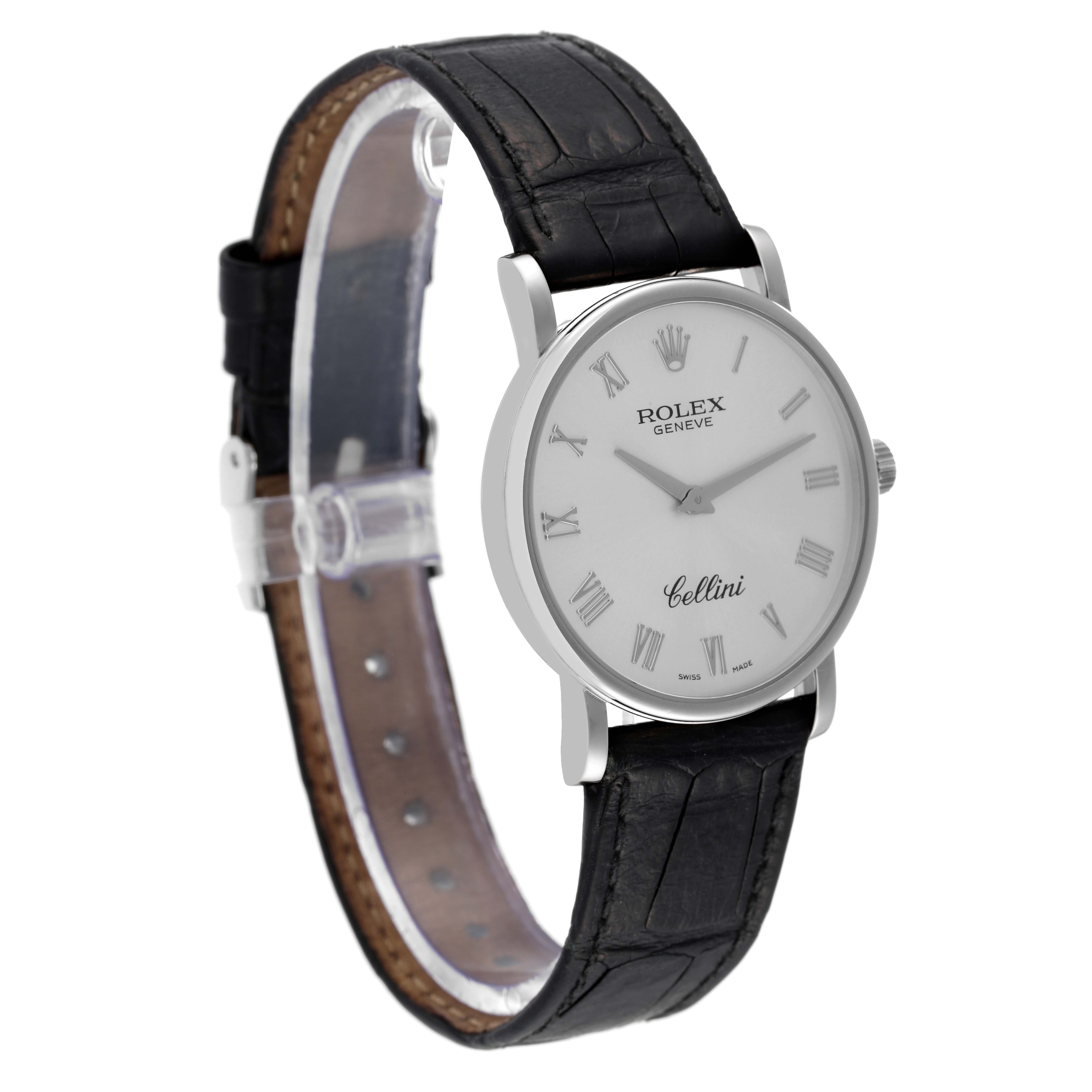 The Rolex Cellini 5115 Men's White Gold Silver Dial 5115 Men's White Gold Silver Dial watch is shown at a slight angle, displaying the face, Roman numerals, and leather strap.