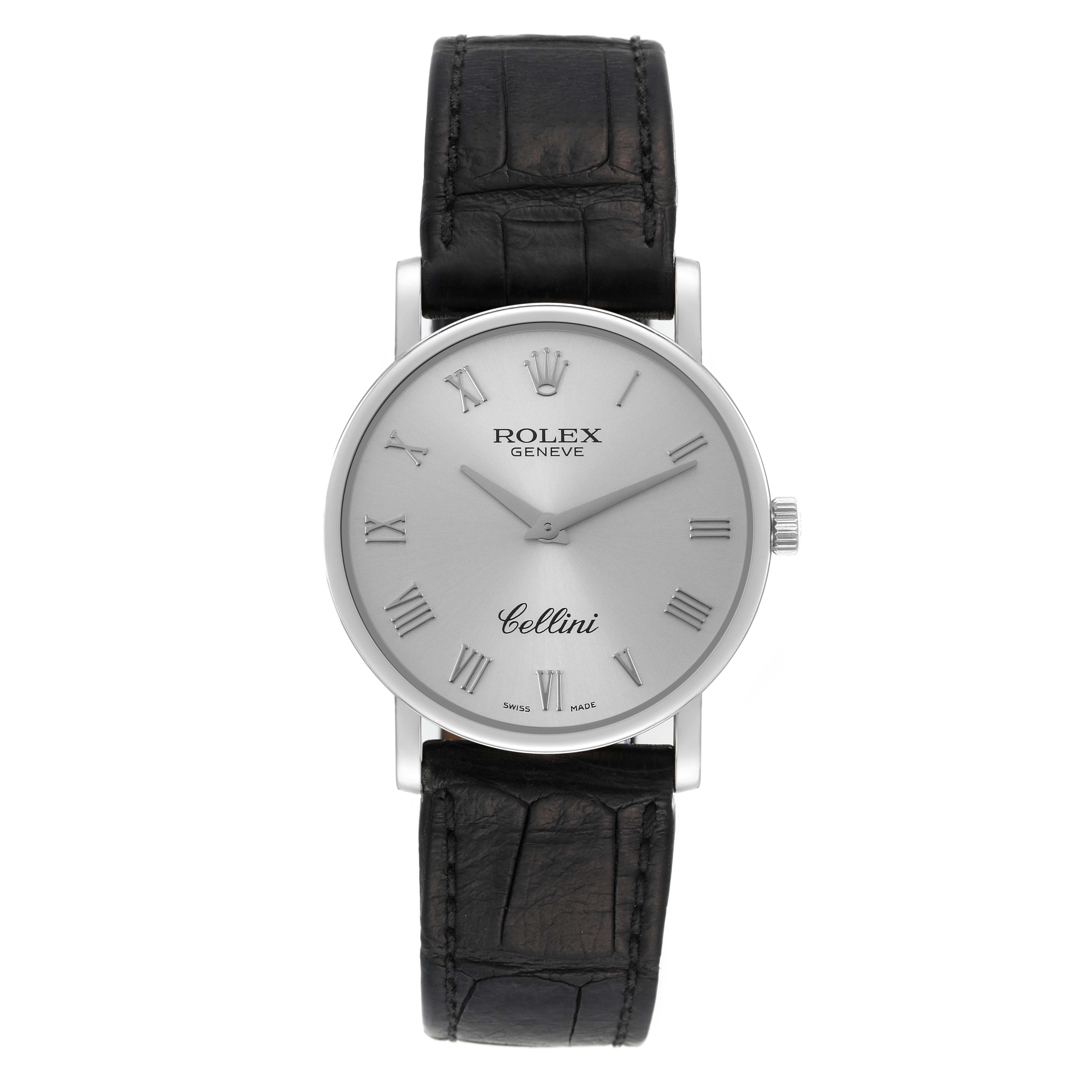 The image shows a front view of the Rolex Cellini 5115 Men's White Gold Silver Dial 5115 Men's White Gold Silver Dial watch, featuring the dial, crown, and leather strap.