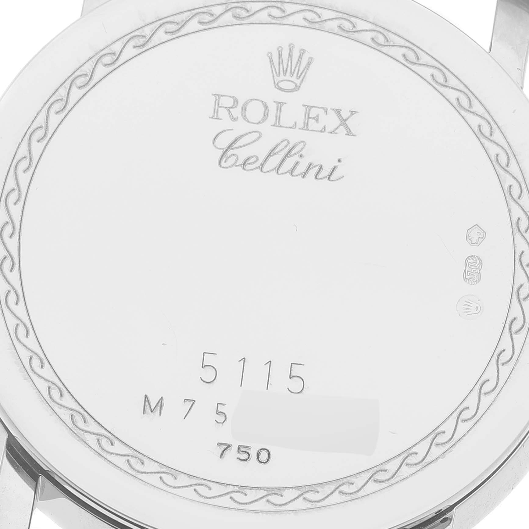 The image shows the back case of a Rolex Cellini 5115 Men's White Gold Silver Dial 5115 Men's White Gold Silver Dial model watch.
