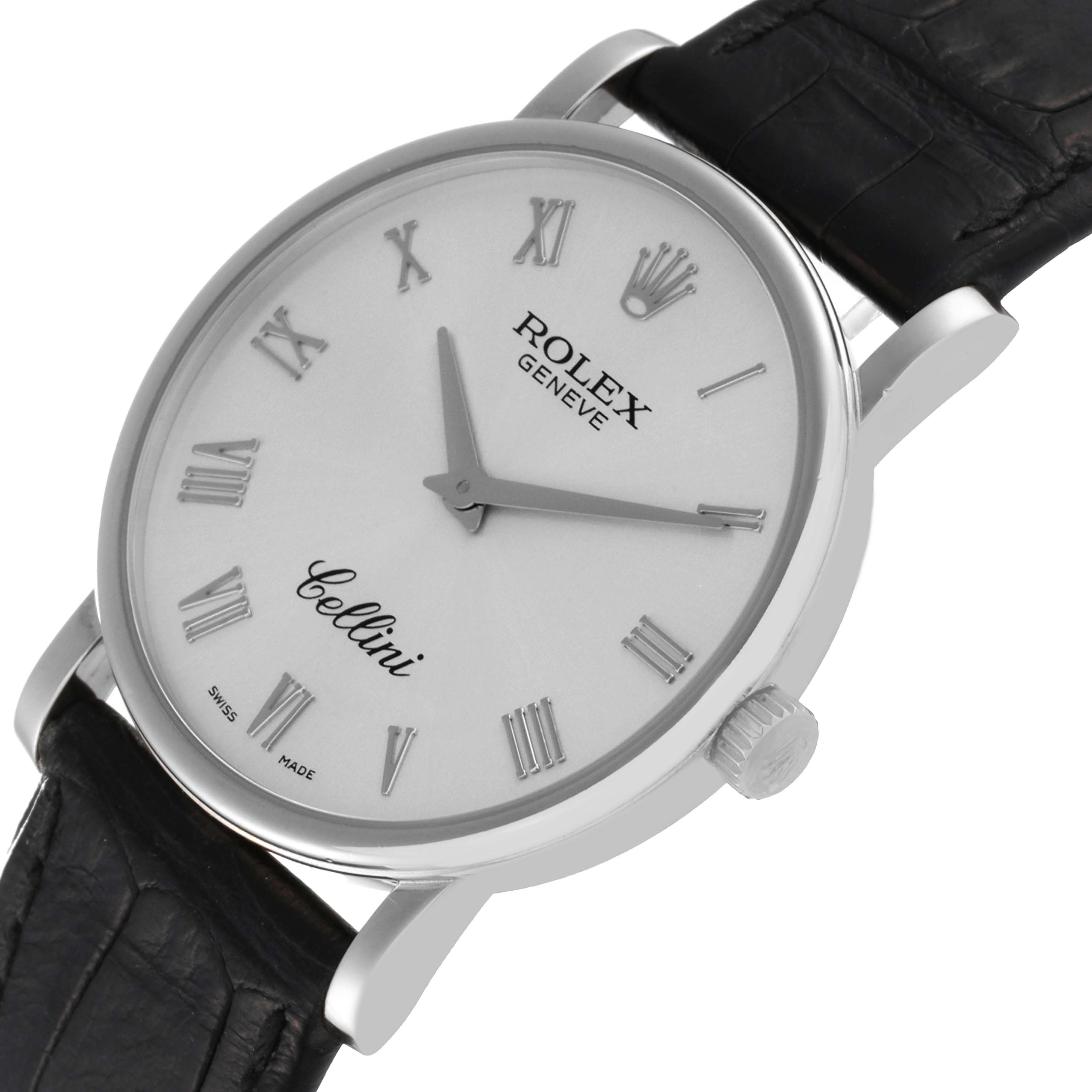 The Rolex Cellini 5115 Men's White Gold Silver Dial 5115 Men's White Gold Silver Dial watch is shown at a slight angle, highlighting the dial, crown, and part of the leather strap.