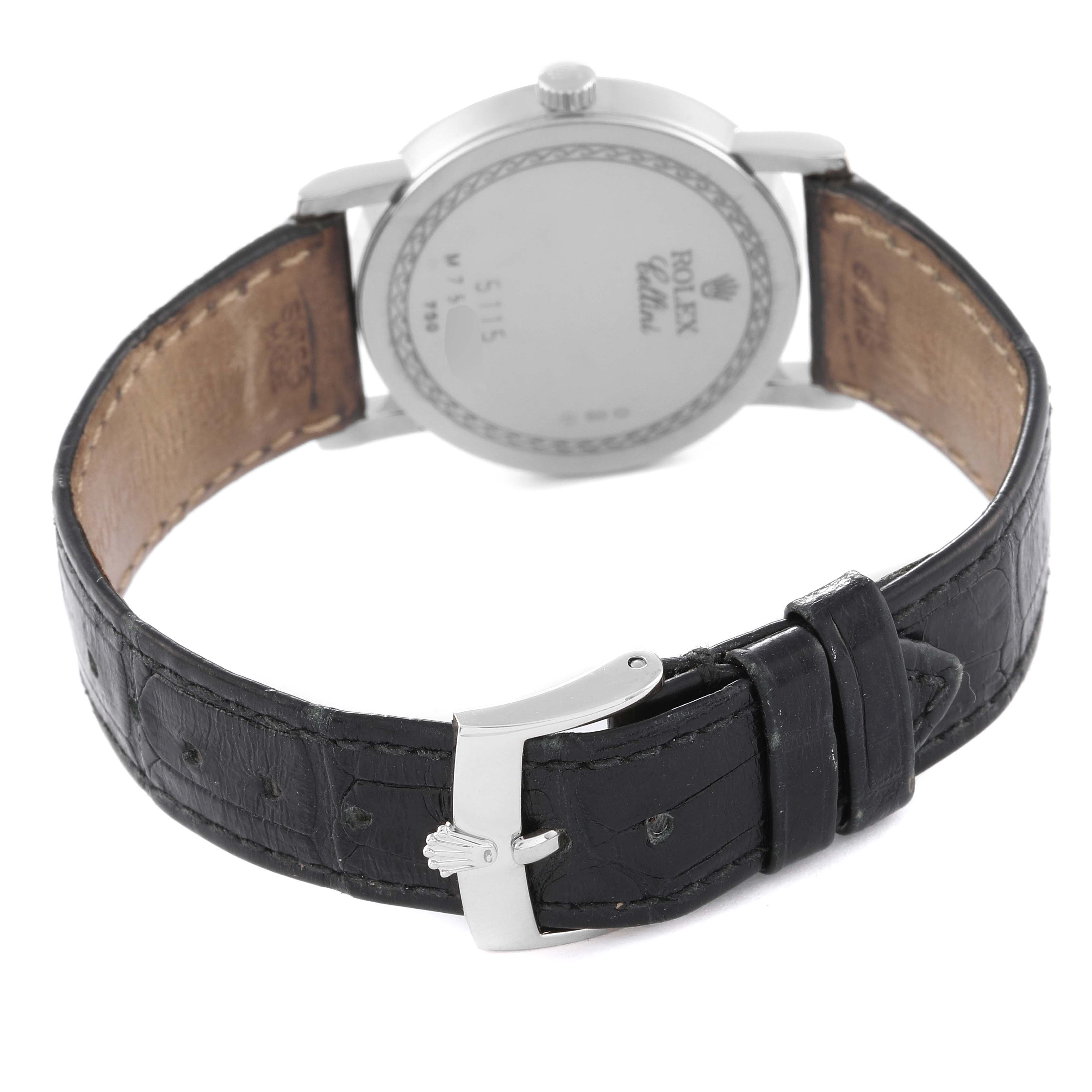 The back of the Rolex Cellini 5115 Men's White Gold Silver Dial 5115 Men's White Gold Silver Dial watch is shown, highlighting the strap and buckle from a rear angle.