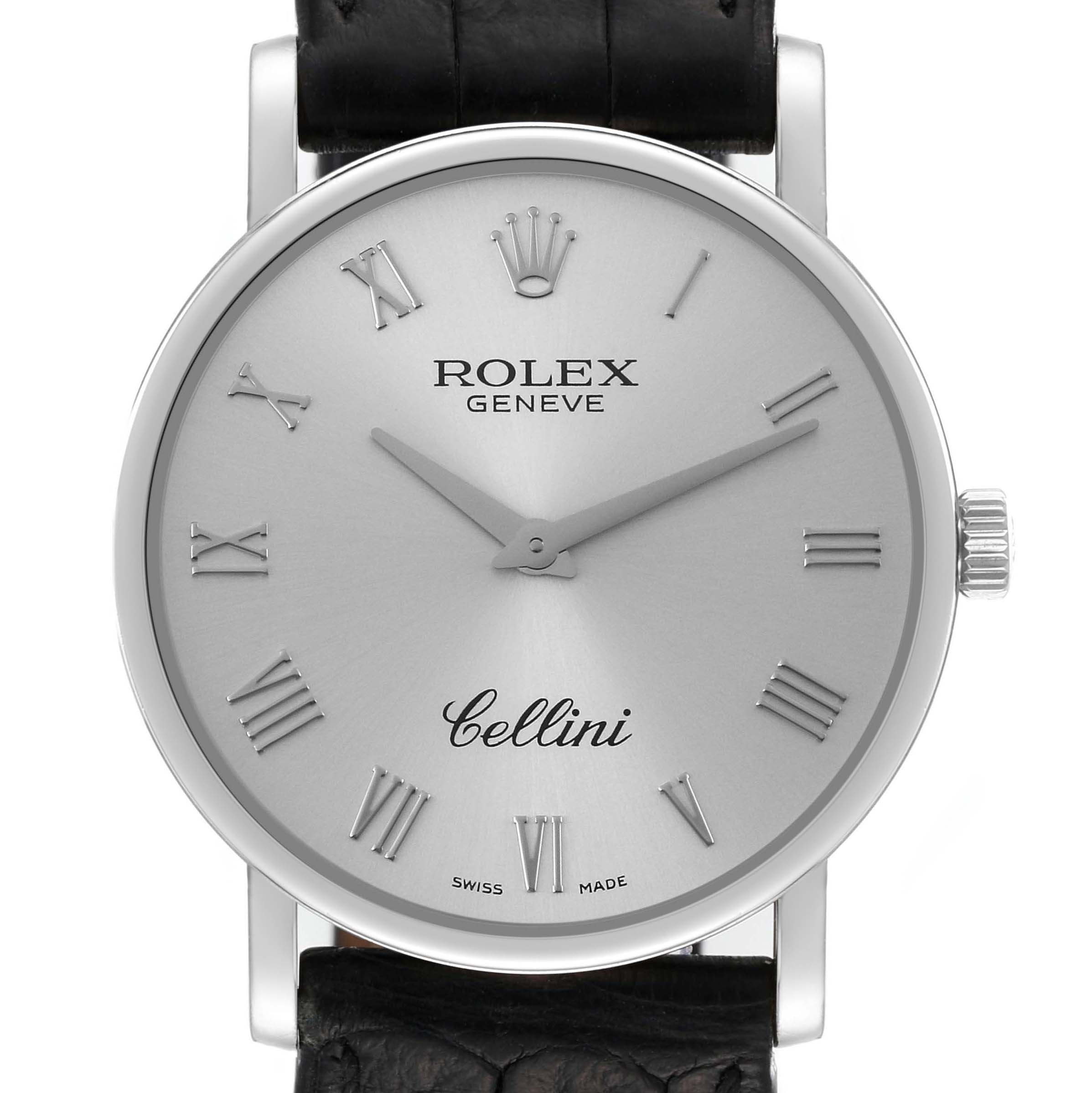 The image shows a front angle view of a Rolex Cellini 5115 Men's White Gold Silver Dial 5115 Men's White Gold Silver Dial watch, displaying its dial, Roman numerals, crown, and leather strap.