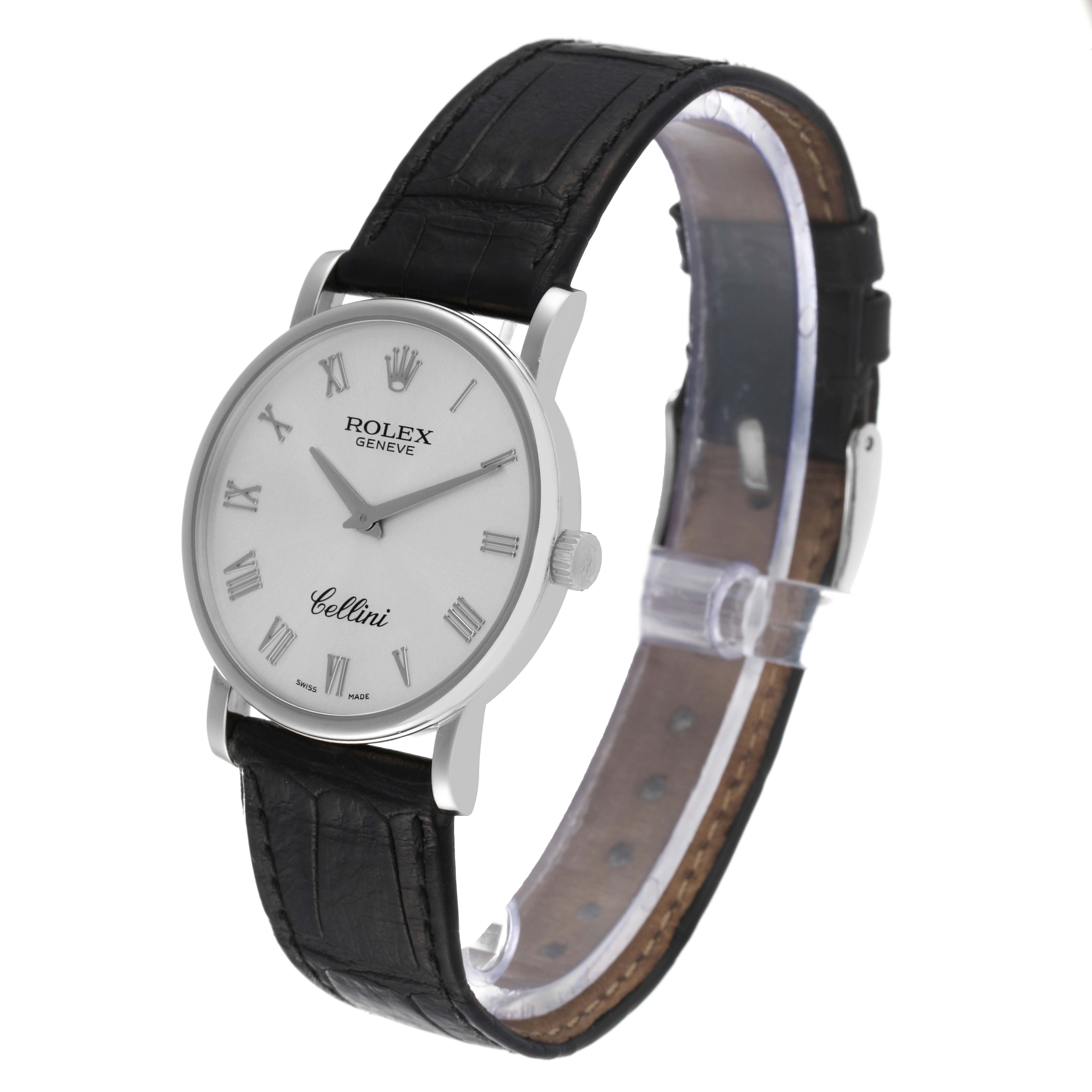 The image shows a side view of the Rolex Cellini 5115 Men's White Gold Silver Dial 5115 Men's White Gold Silver Dial watch, highlighting its dial, case, and black leather strap.