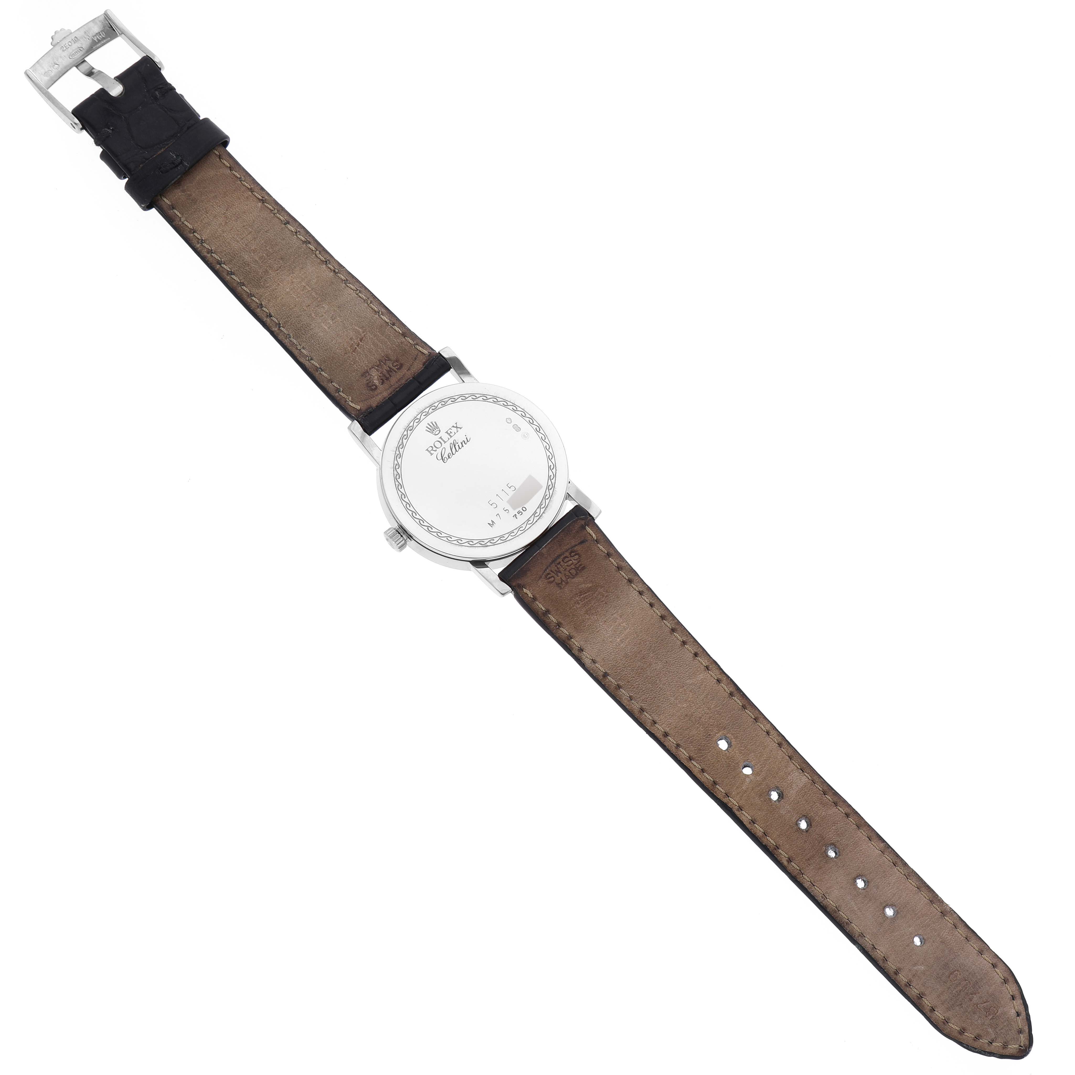 This image shows the back and leather strap of a Rolex Cellini 5115 Men's White Gold Silver Dial 5115 Men's White Gold Silver Dial watch, captured from a top-down angle.