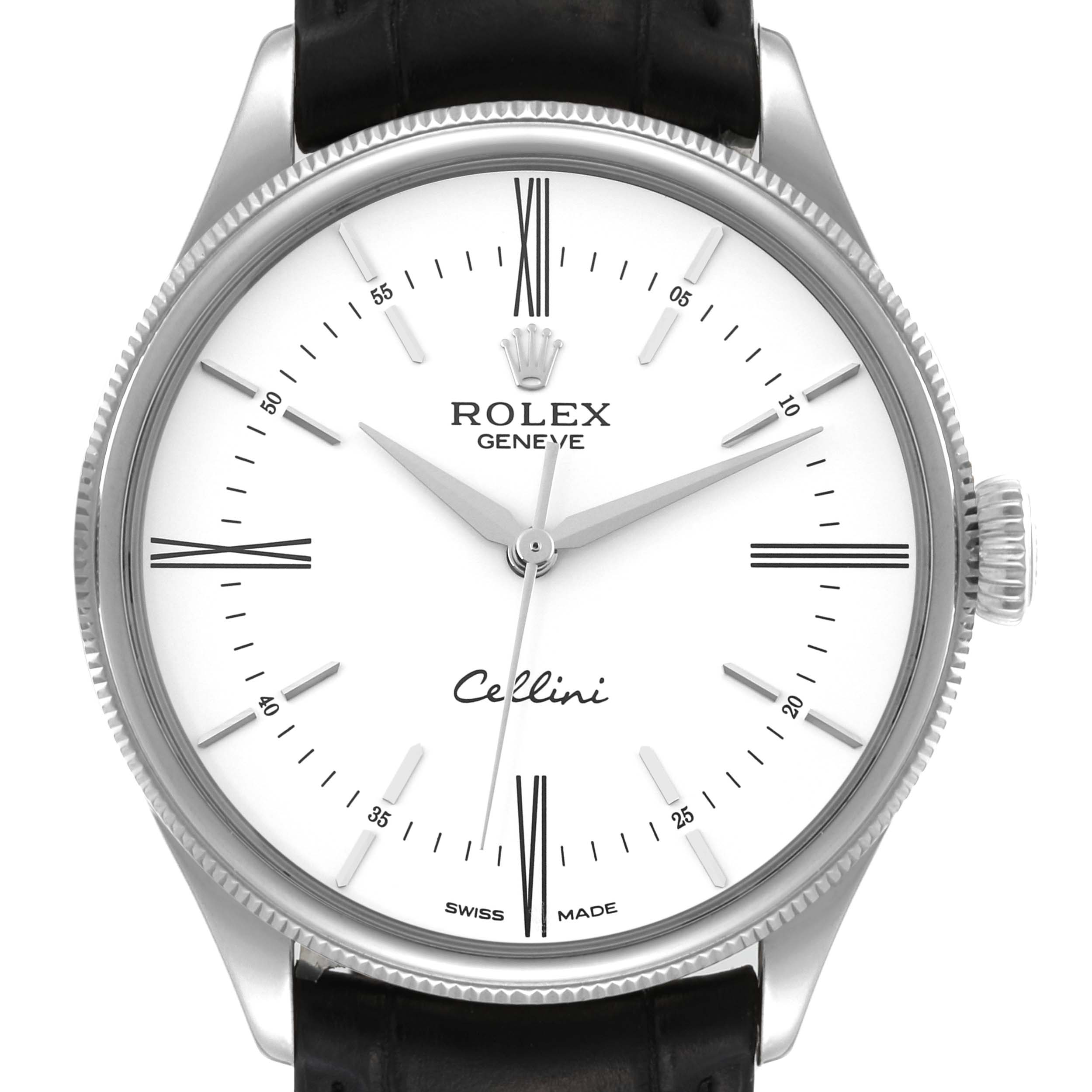 This is a close-up view of the Rolex Cellini 50509 Men's White Gold White Dial 50509 Men's White Gold White Dial watch, showing the face, hour markers, hands, crown, and part of the strap.