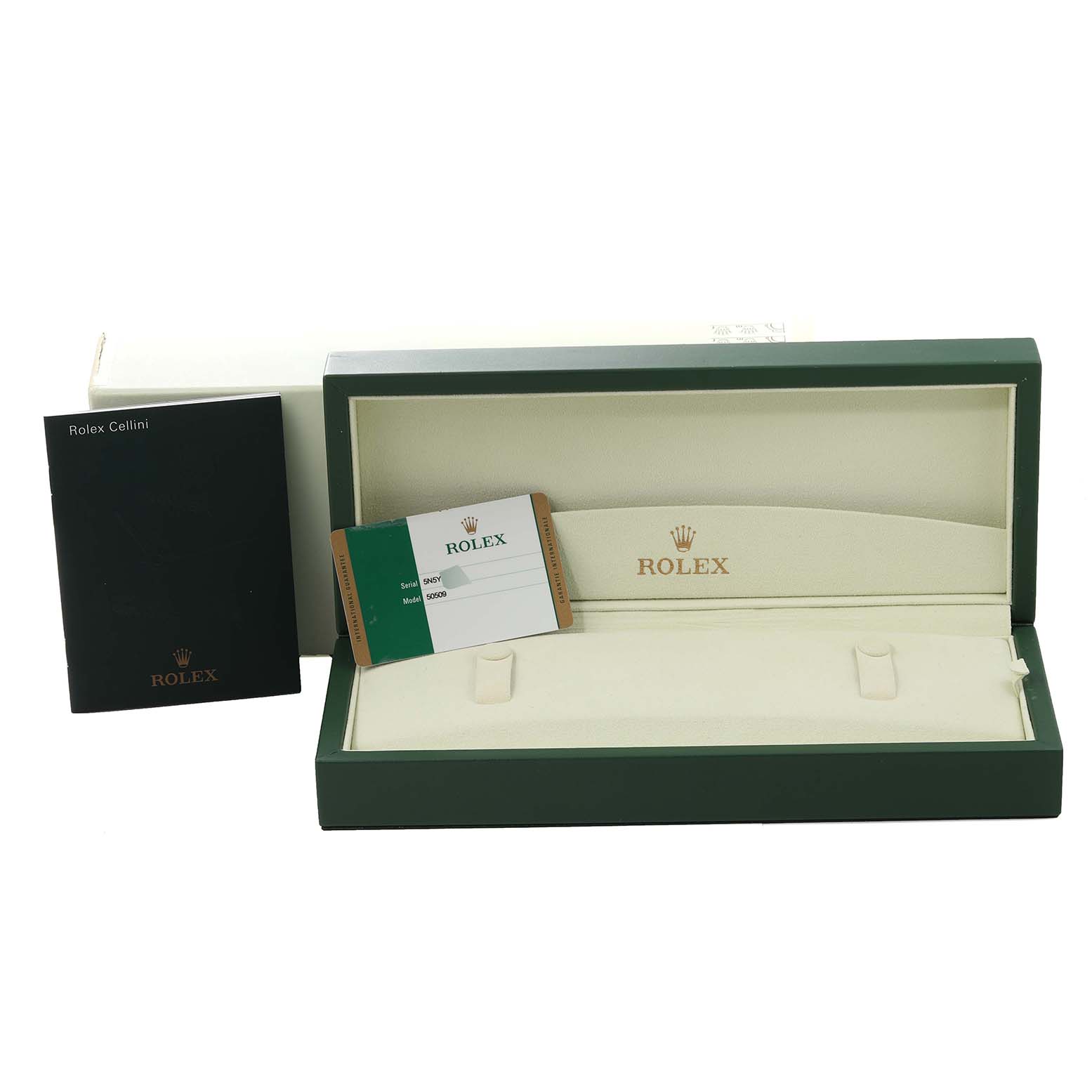 The image shows an open Rolex Cellini 50509 Men's White Gold White Dial 50509 Men's White Gold White Dial watch box with a warranty card and a booklet beside it.
