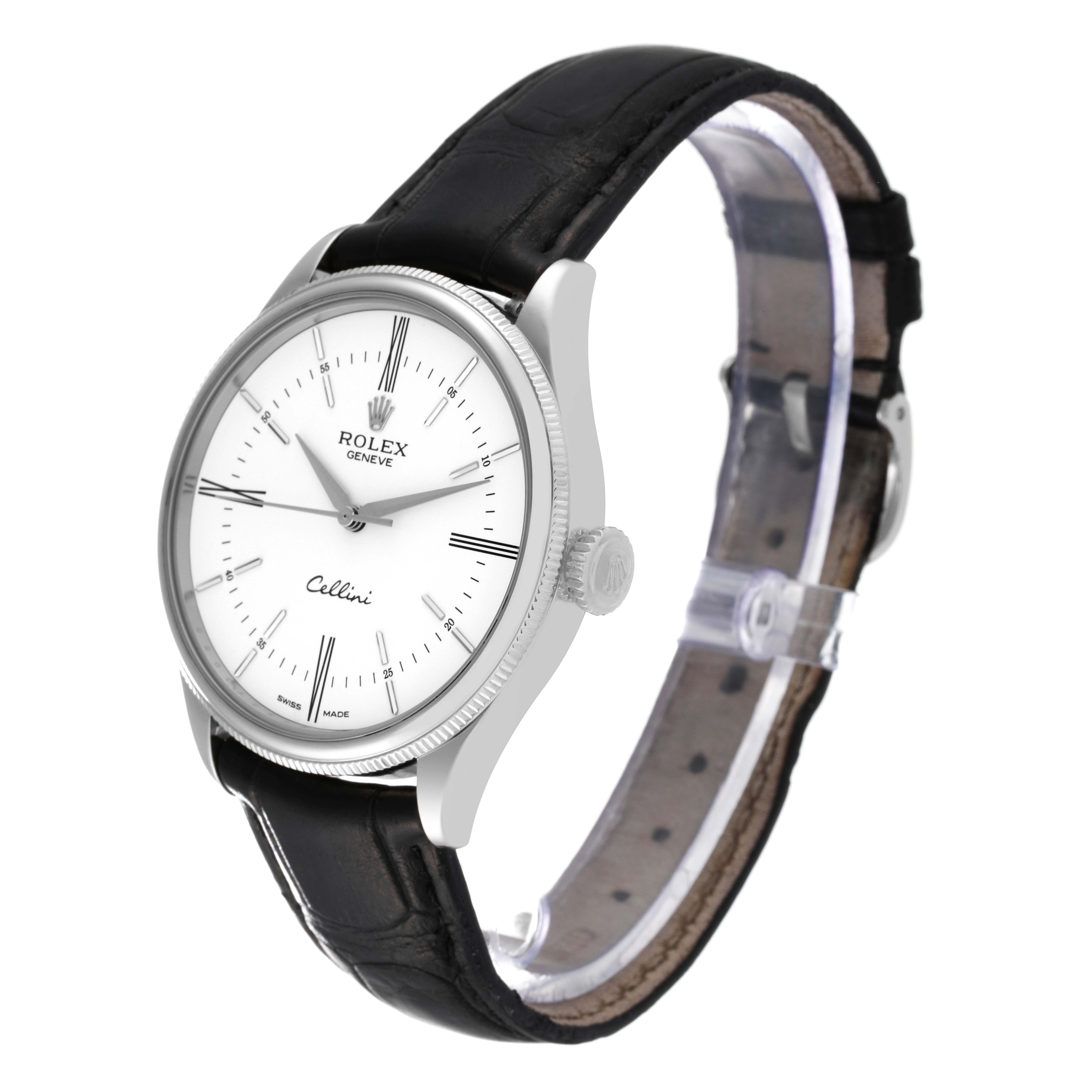 The image shows a Rolex Cellini 50509 Men's White Gold White Dial 50509 Men's White Gold White Dial watch at a three-quarter angle, highlighting the face, strap, and crown.