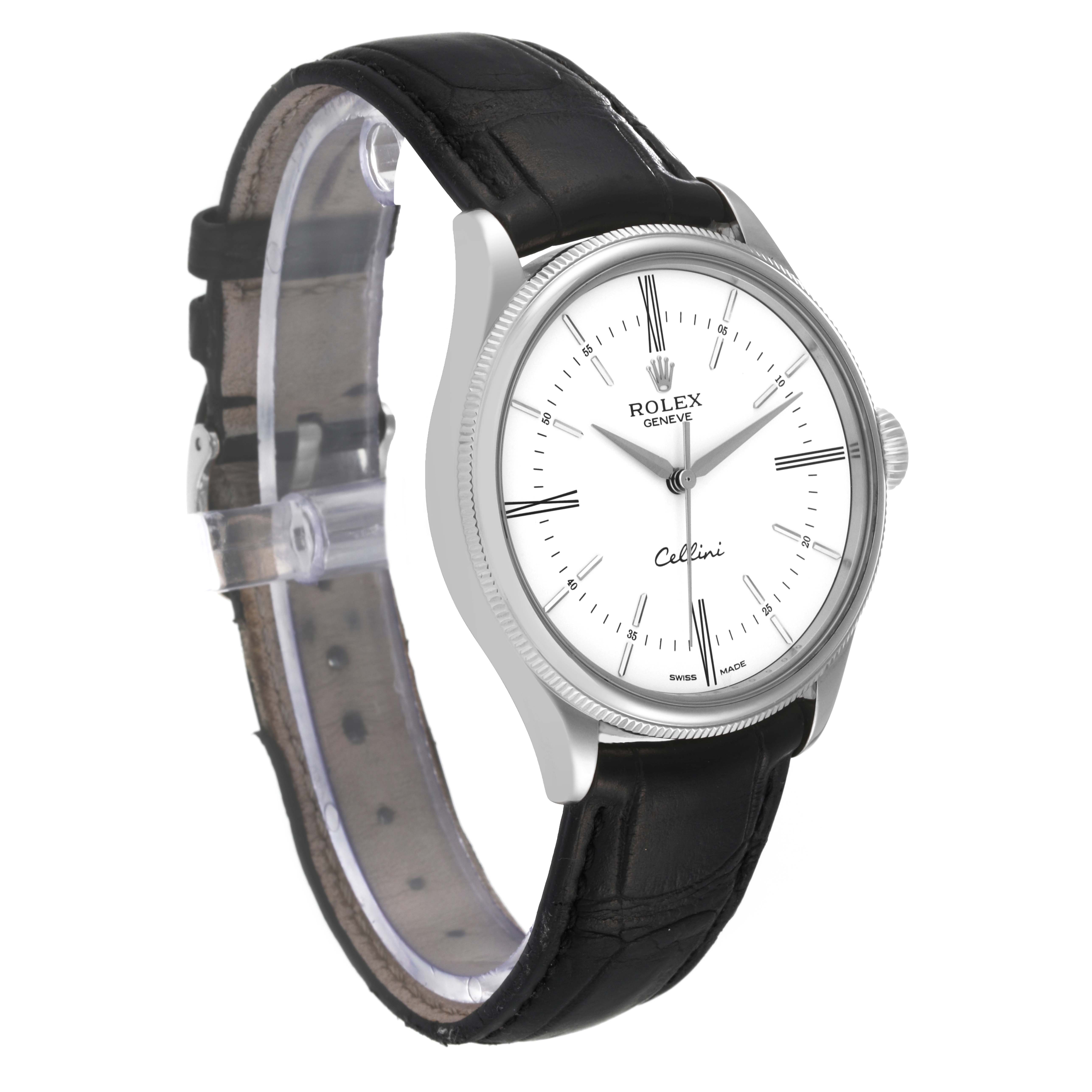 The image shows a side view of the Rolex Cellini 50509 Men's White Gold White Dial 50509 Men's White Gold White Dial watch, highlighting the watch face, bezel, crown, and leather strap.