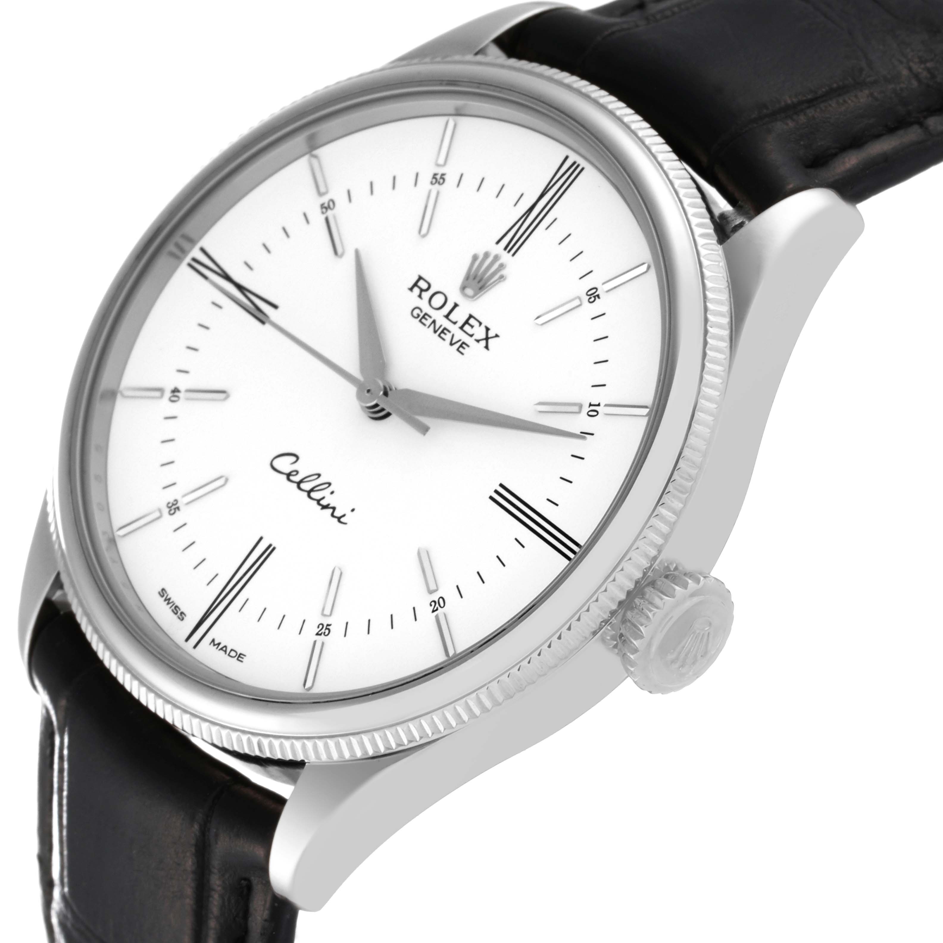 The image shows a Rolex Cellini 50509 Men's White Gold White Dial 50509 Men's White Gold White Dial watch from a three-quarter angle, highlighting the dial, case, crown, and part of the leather strap.