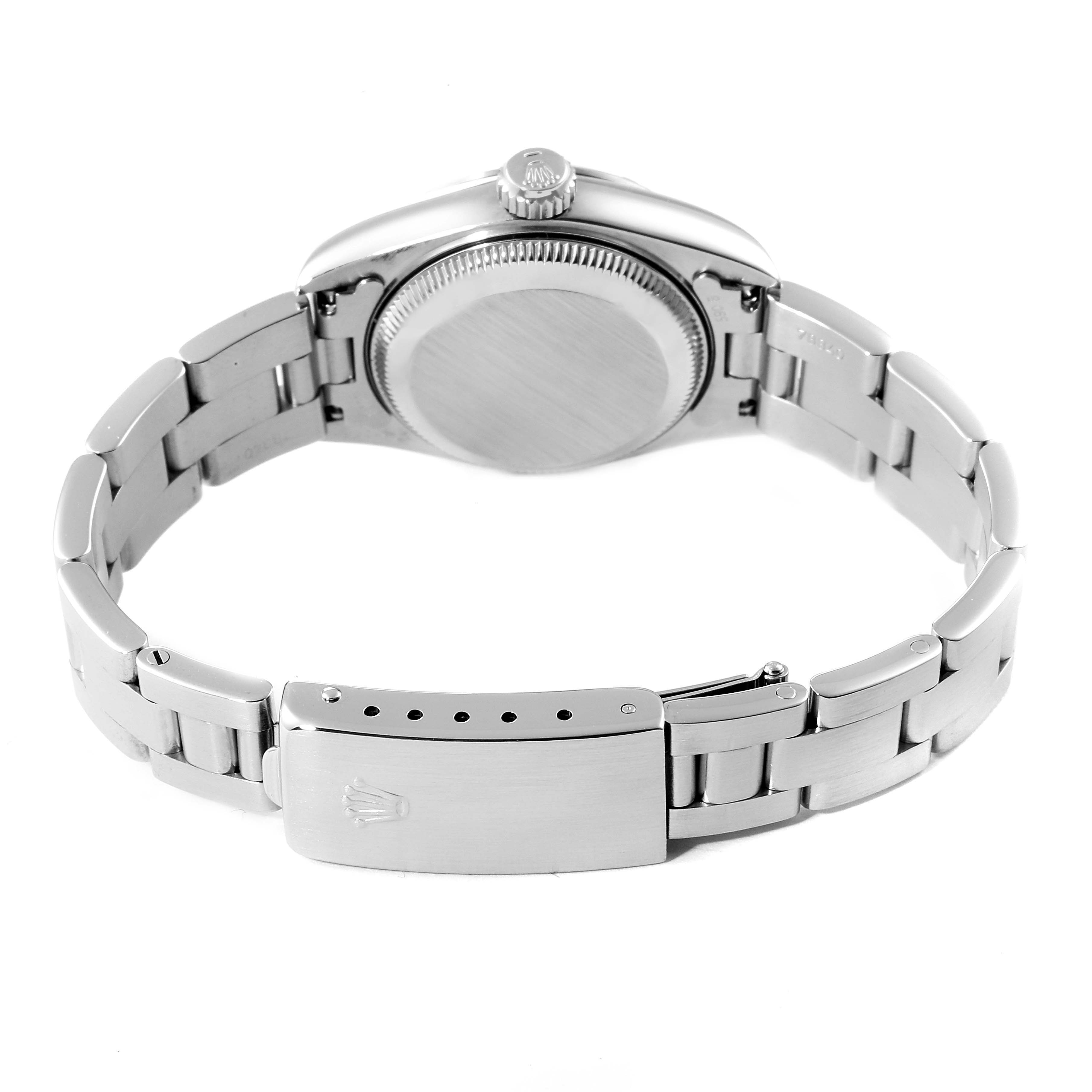 This image shows the backside and bracelet clasp of a Rolex Date 69190 Women's Stainless Steel Grey Dial 69190 Women's Stainless Steel Grey Dial model watch.